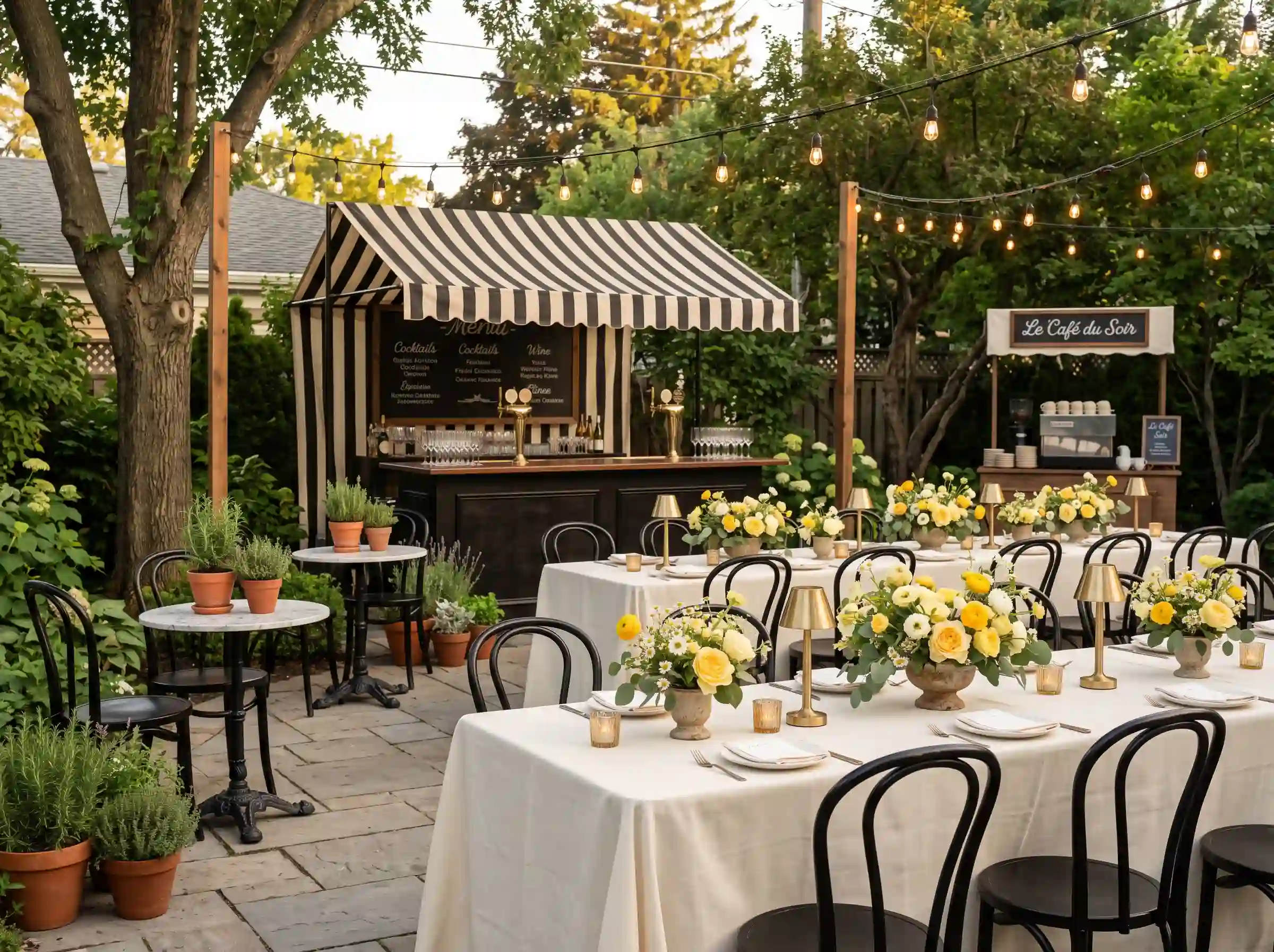 Chic French bistro backyard wedding reception with striped awnings marble tables and cafe string lights