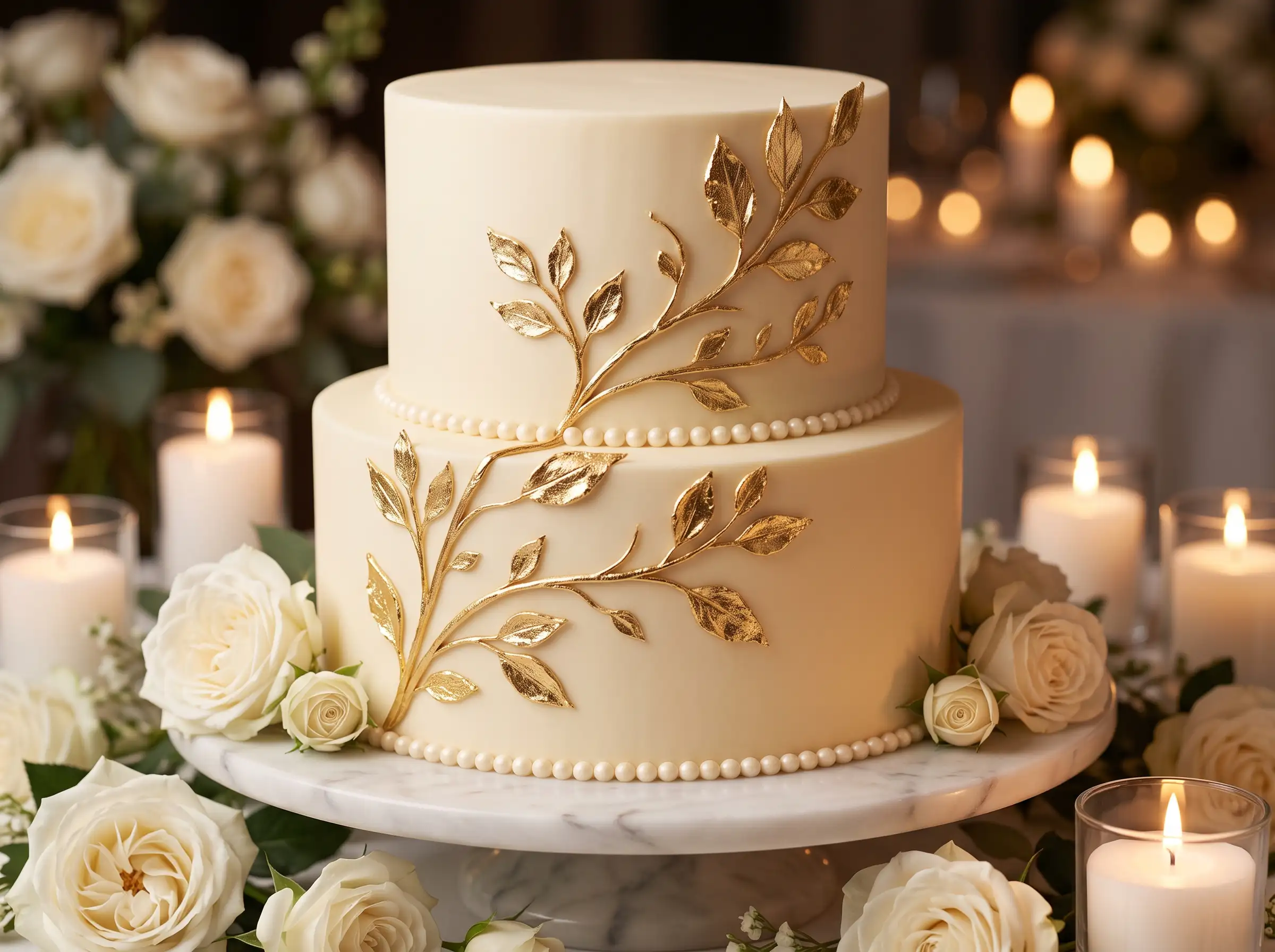 Two-tier botanical wedding cake with gold leaf accents and elegant greenery details