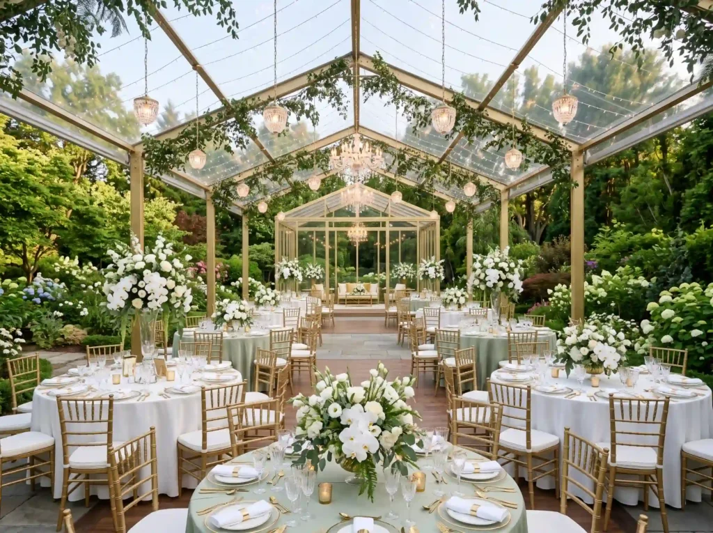 Glasshouse Garden Dining Inspiration A luxurious Glasshouse garden dining reception K