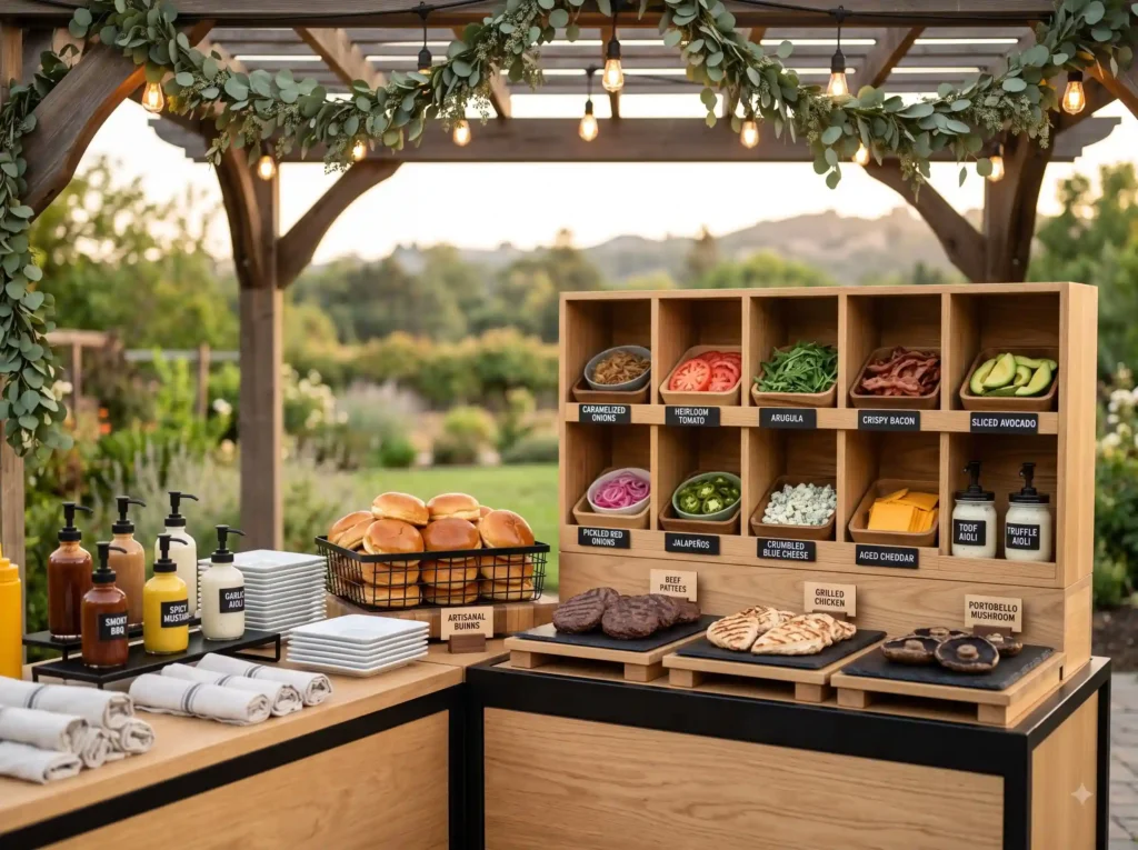 Gourmet Burger Bar Inspiration A playful modern Burger station with gourmet topp…