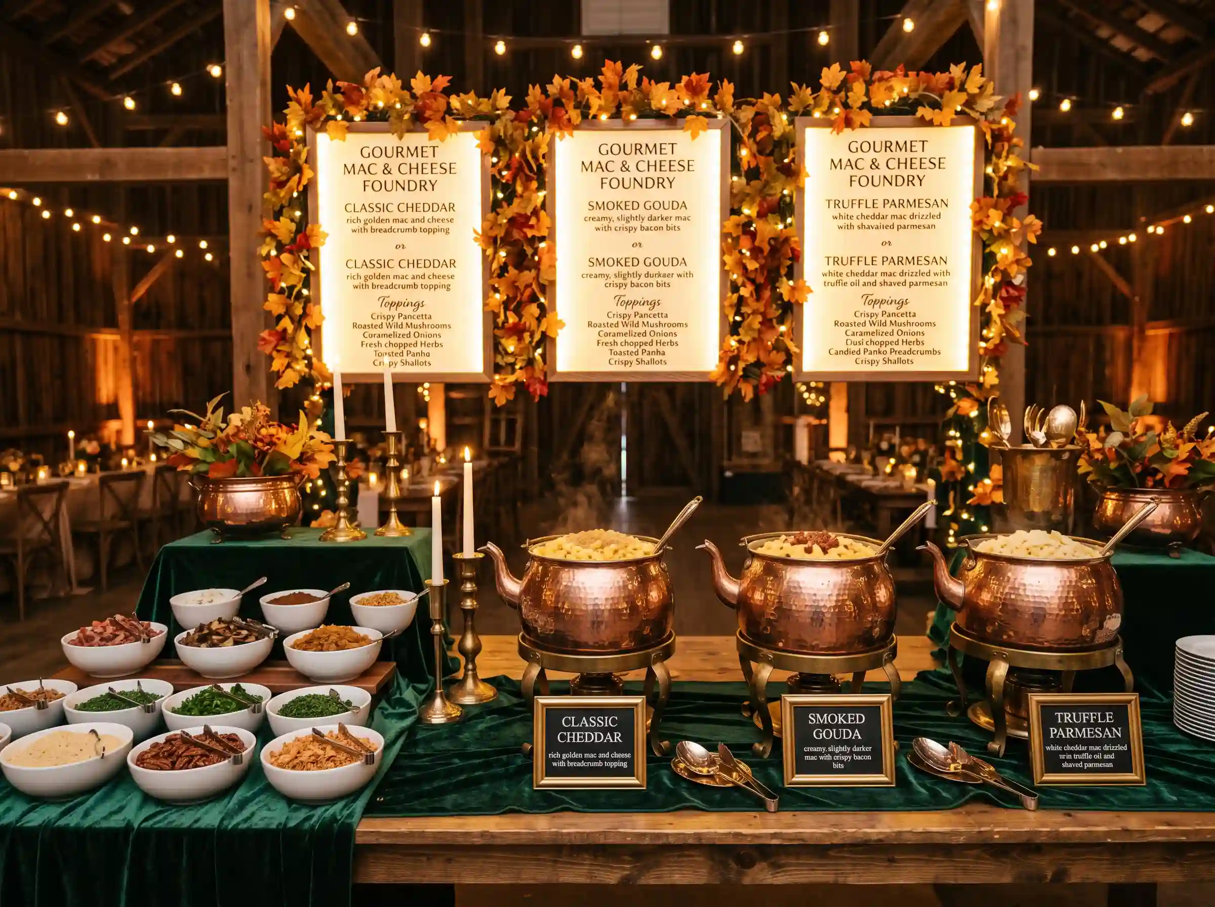Gourmet mac and cheese buffet station with copper kettles and autumn menu boards at barn wedding