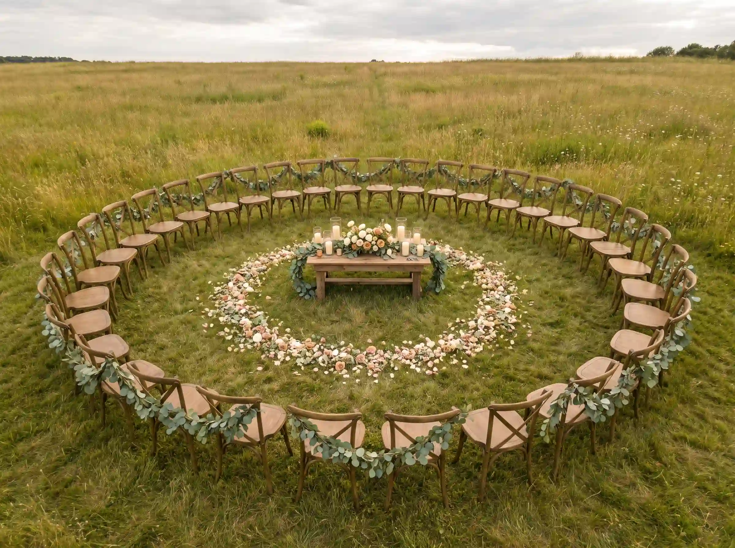 Circular ceremony seating arrangement in open meadow with central altar table and greenery garland