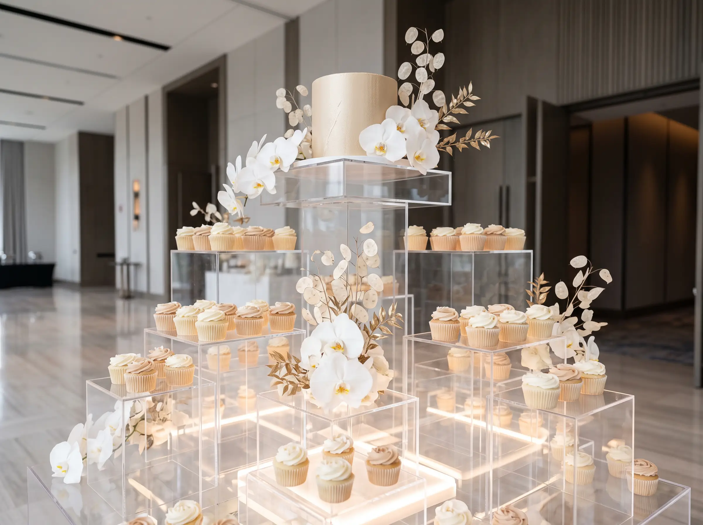 Modern champagne-toned acrylic dessert display with small wedding cake and elegant cupcakes