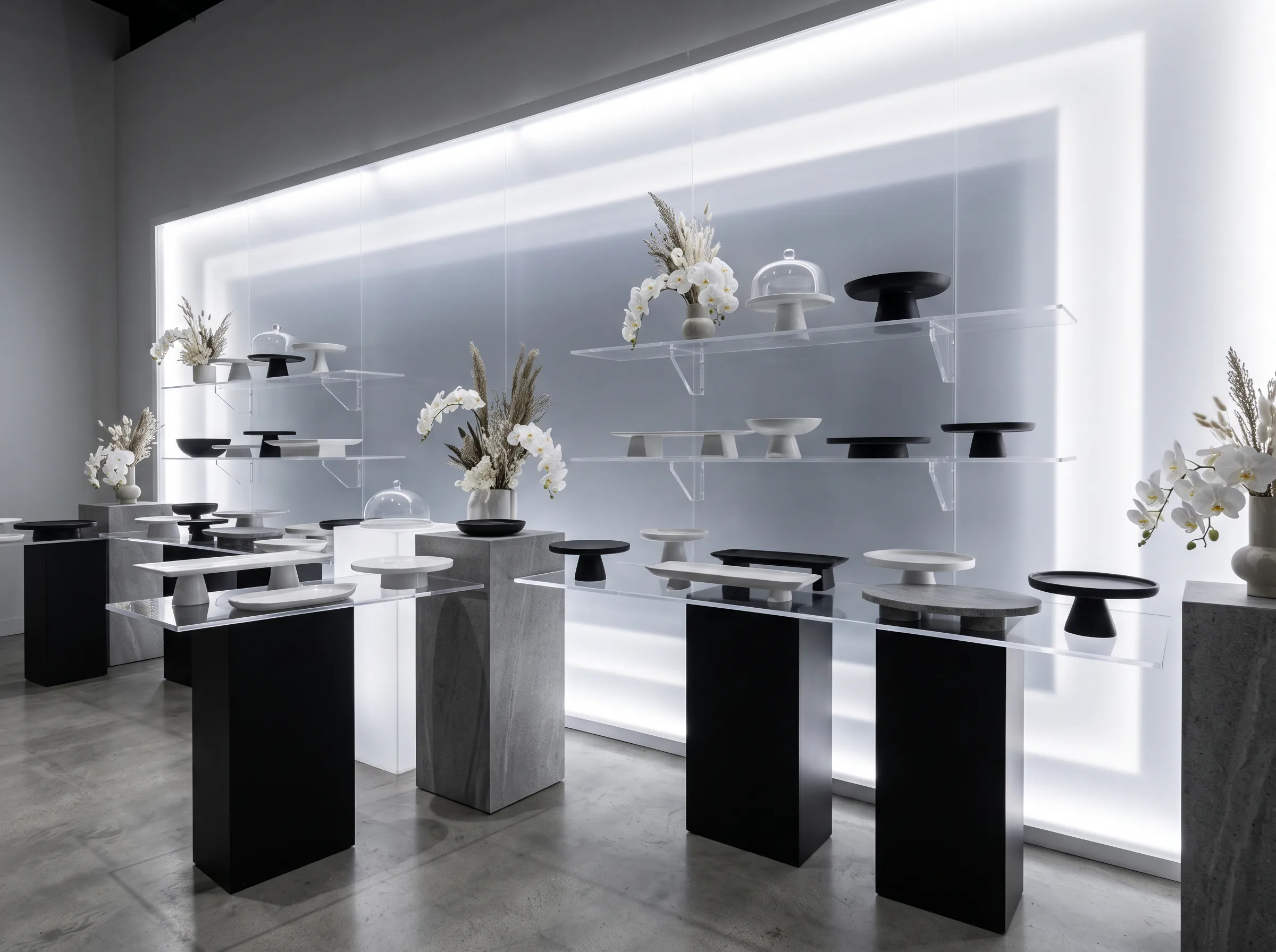 Modern monochrome wedding food display with sculptural black and white pedestals, cake stands, and orchids in a gallery space