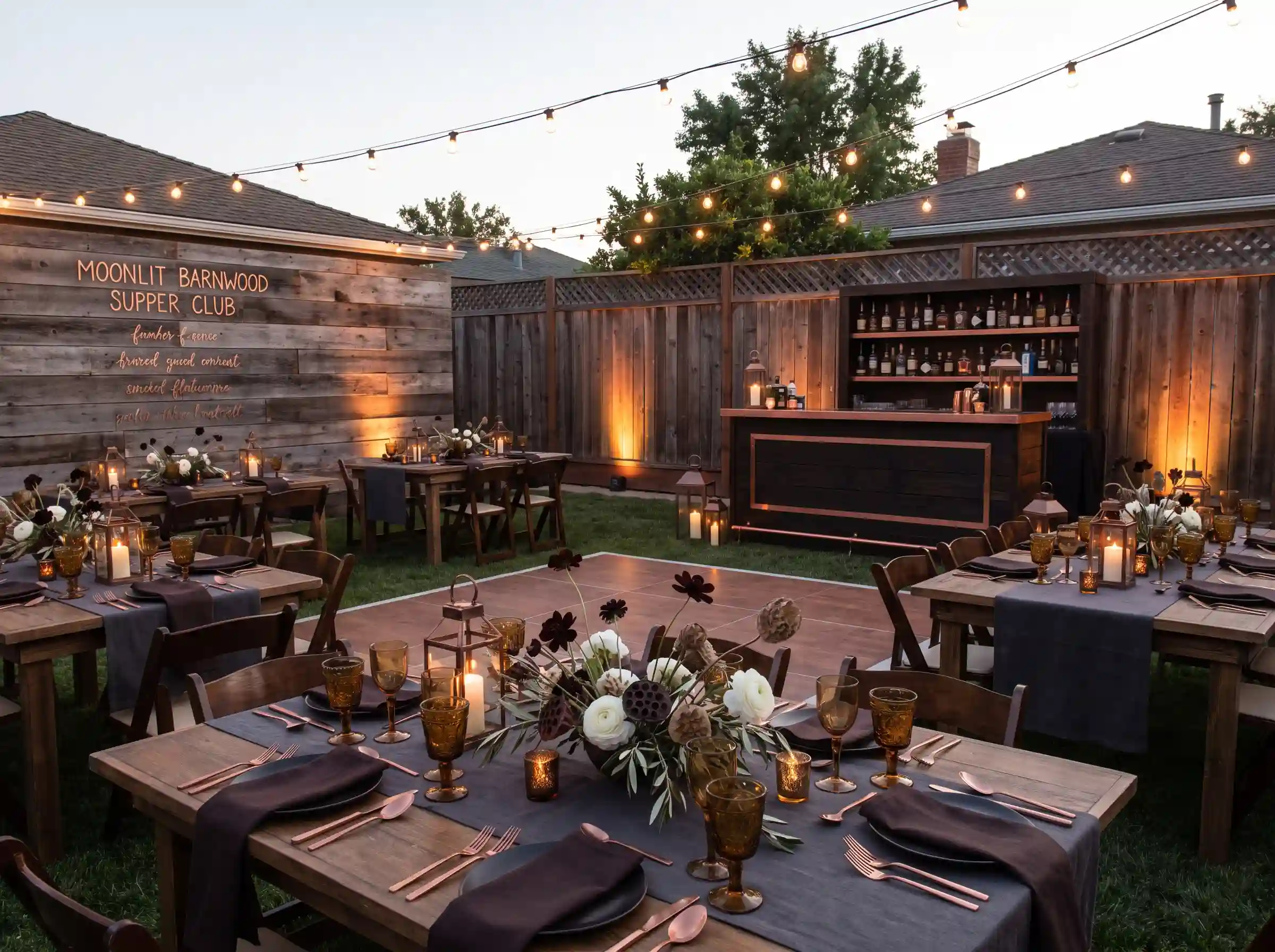 Moody barnwood supper club reception with copper flatware, smoked glassware, and dark floral arrangements