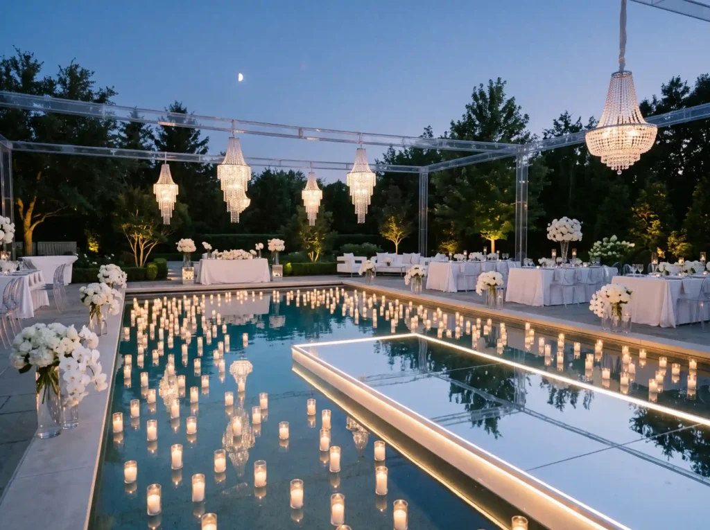 Moonlit White Reflection Inspiration A serene re White reception pool floating ca…