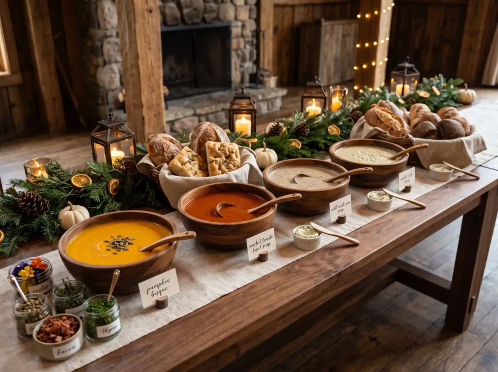 Rustic Soup Bread Lodge Inspiration Cozy mountai Rustic wedding soup buffet K