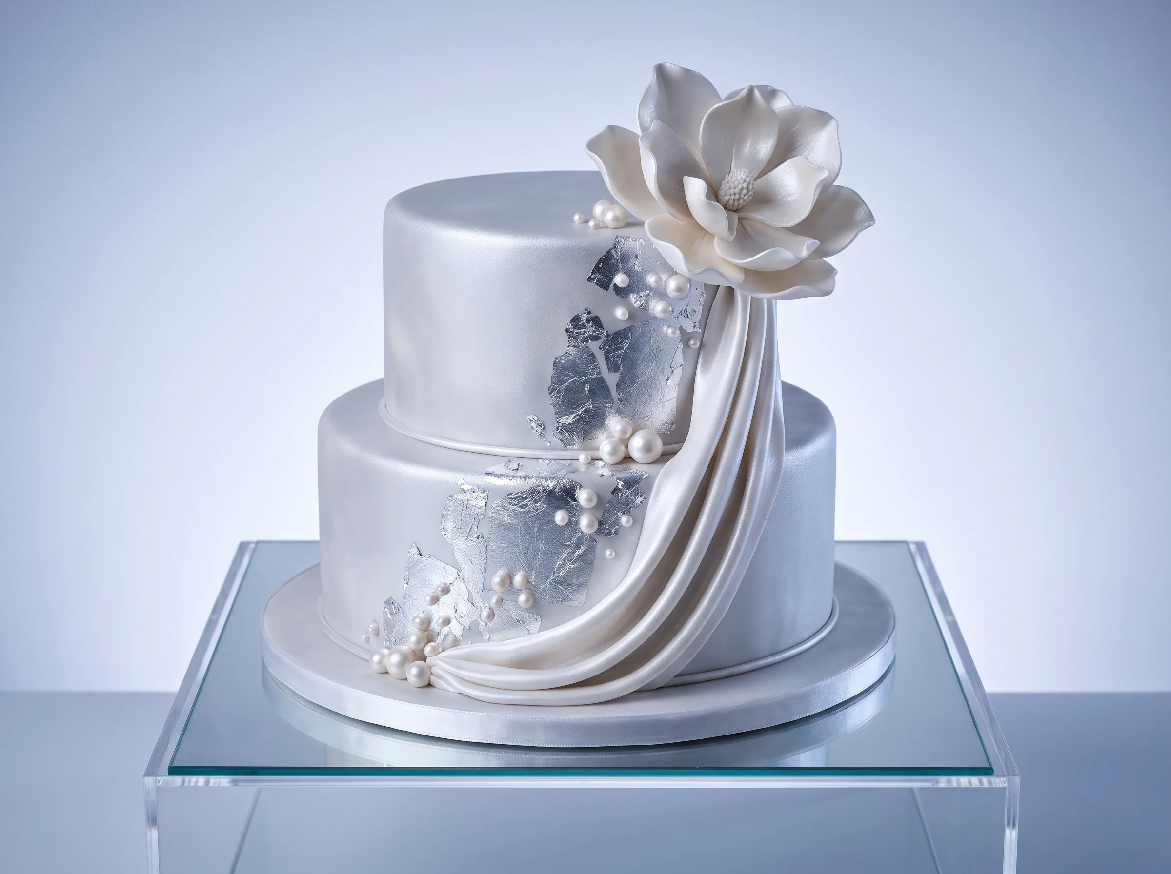 Two-tier pearlescent silver wedding cake with sugar magnolia, draped fondant, and scattered pearls