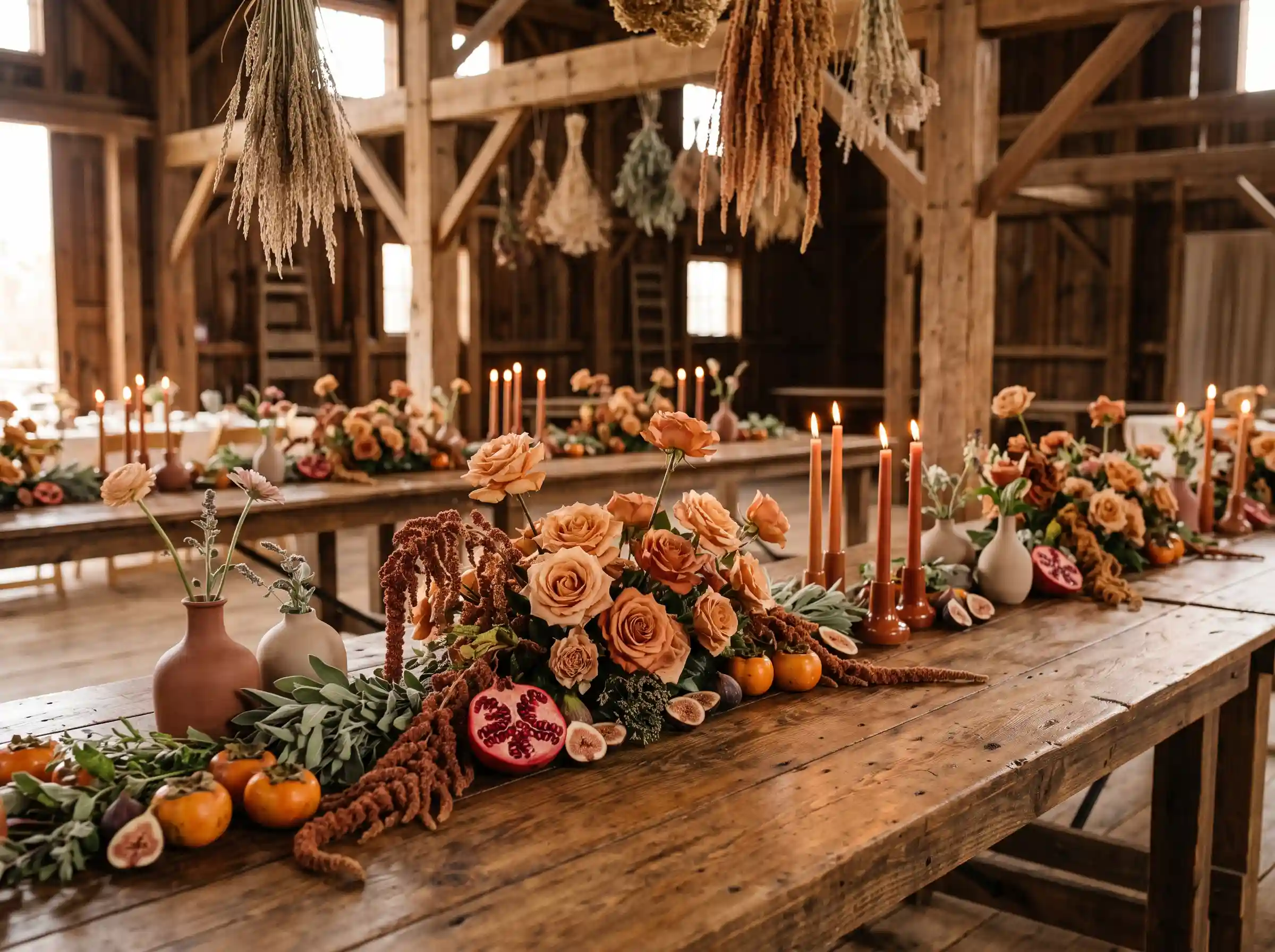 Long reclaimed wood farm table with terracotta vessels and a lush harvest floral runner of roses and persimmons
