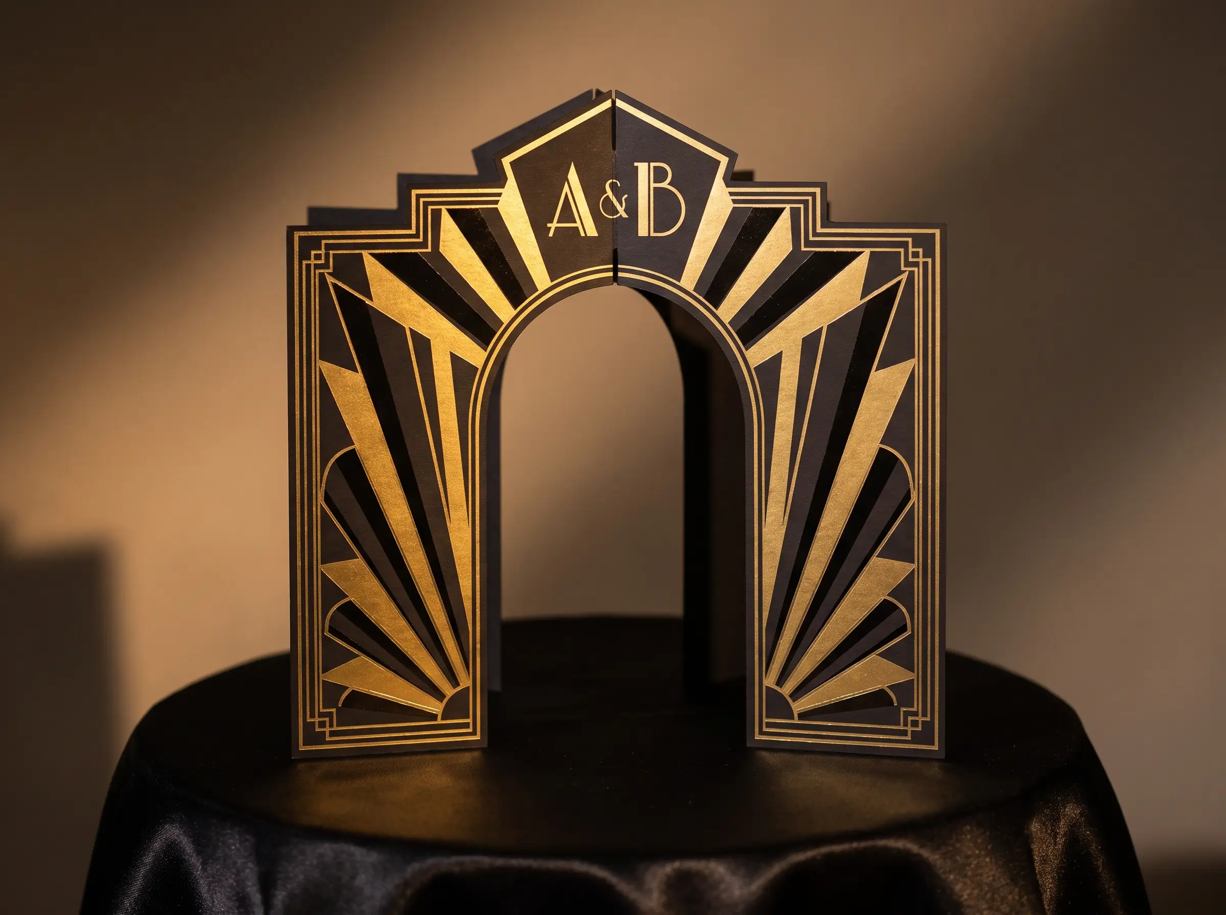 Art Deco gold and black geometric fan arch wedding cake topper