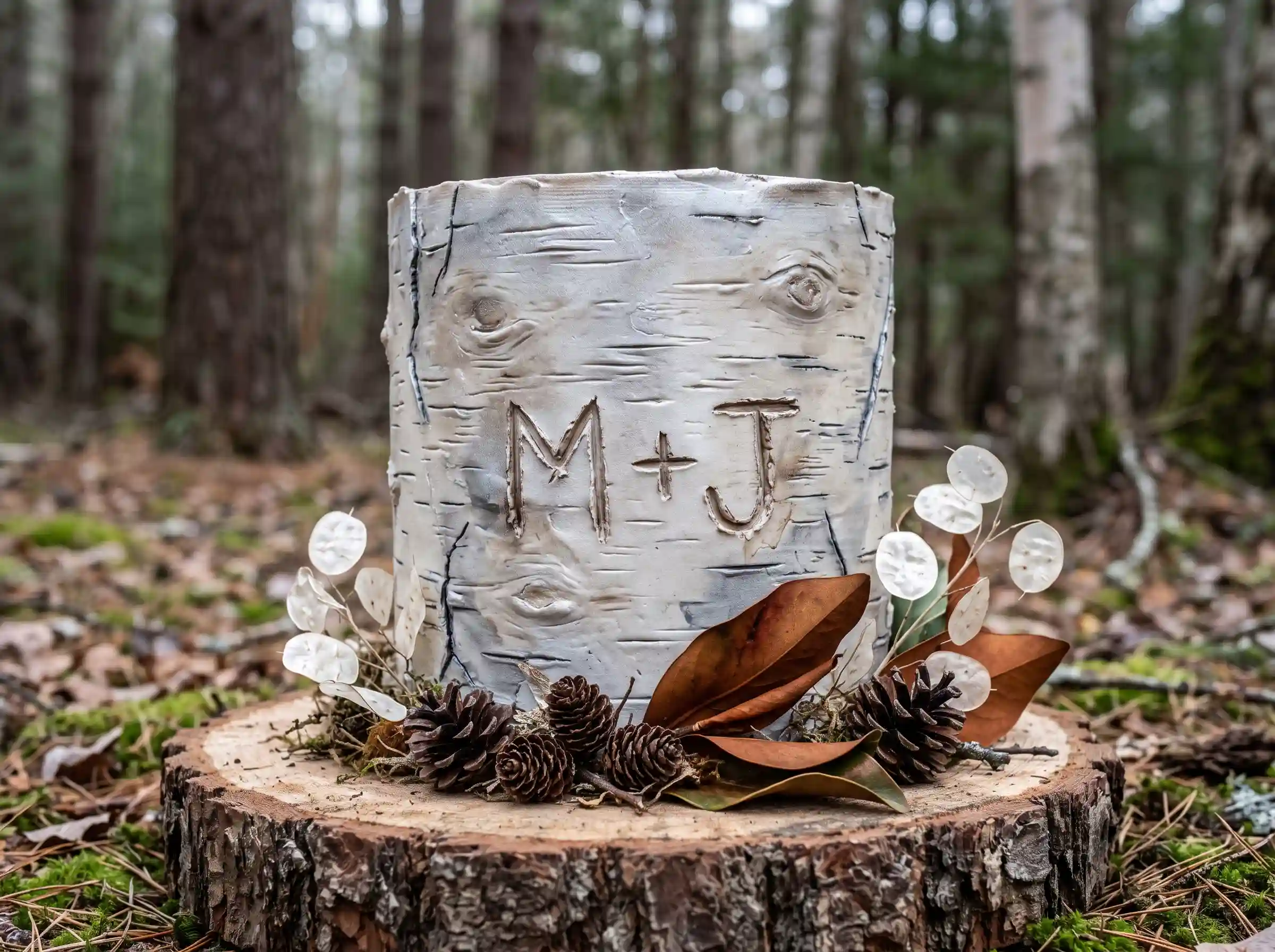 Single tier birch bark textured wedding cake with pinecones and dried lunaria on rustic wood slab