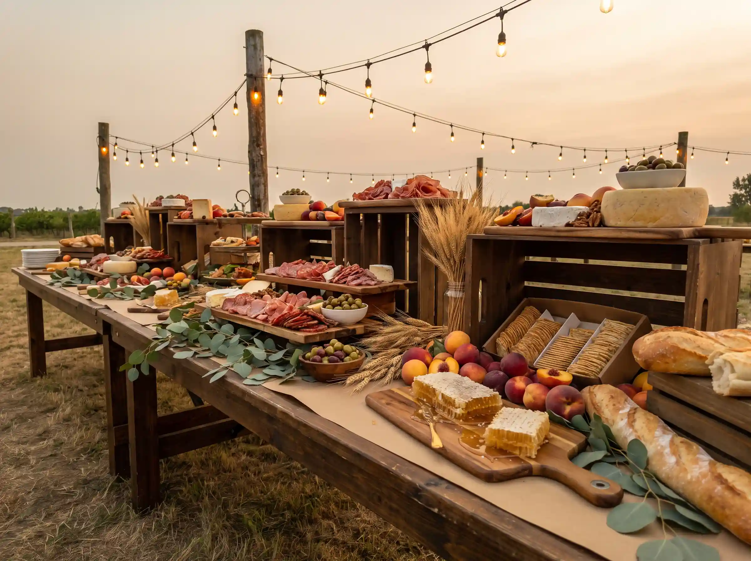 Sprawling outdoor grazing table with cured meats cheeses honeycomb and eucalyptus under string lights at golden hour