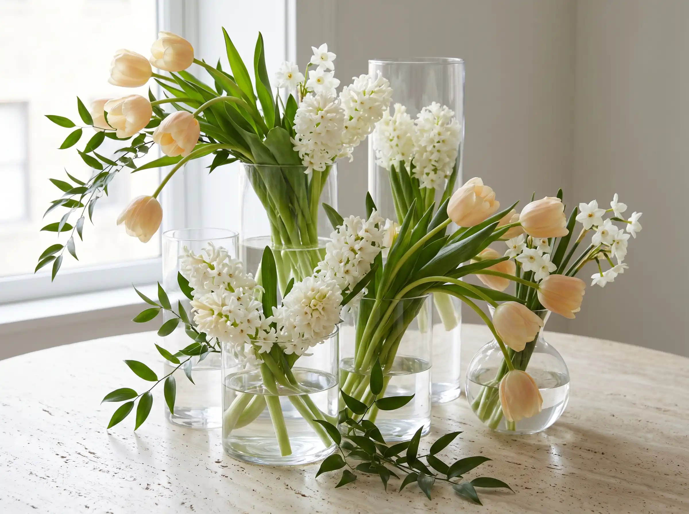Elegant French tulip symphony wedding centerpiece with cream apricot and peach tulips in glass vessels