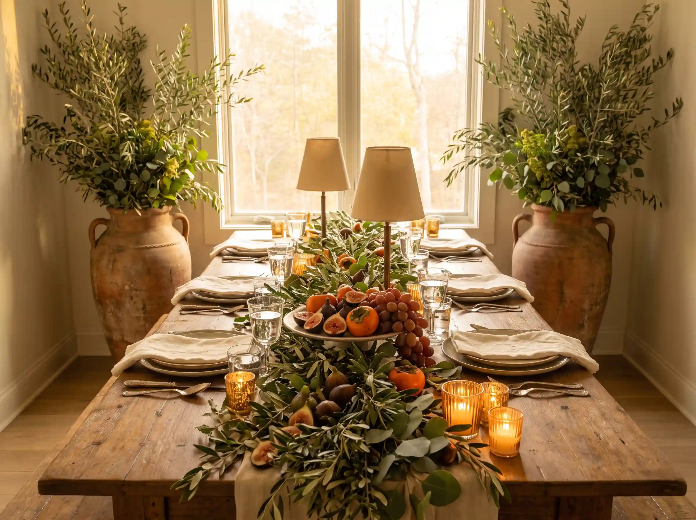 Tuscan harvest wedding dinner table with fresh figs olive branches and linen
