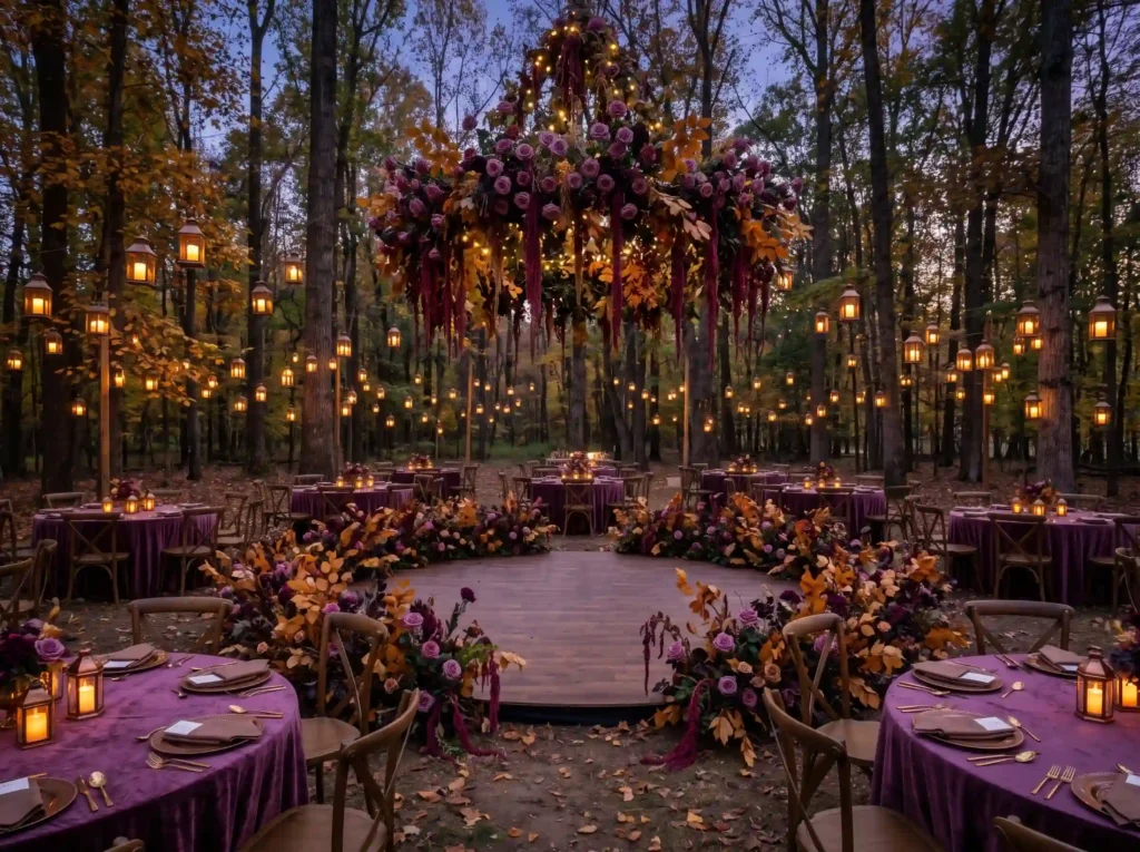 Velvet Forest Romance Inspiration This design ca Woodland reception with floral c…