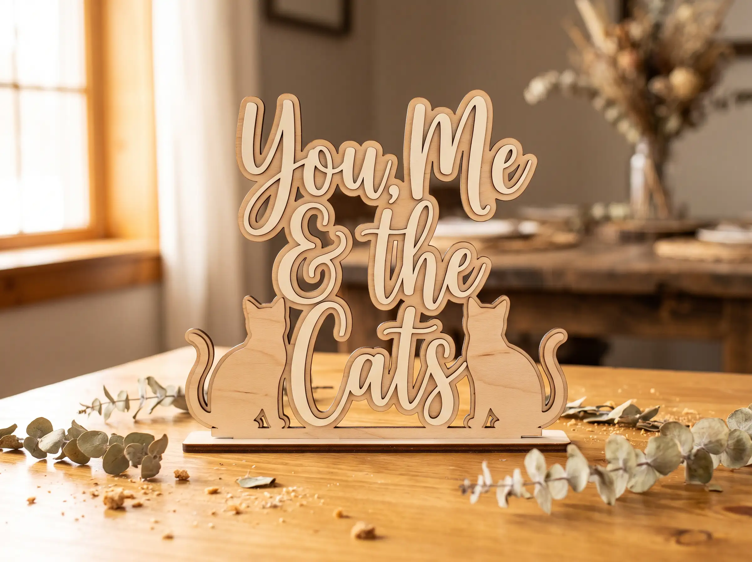 Rustic birch wood laser-cut cake topper reading You Me and the Cats with cat silhouettes