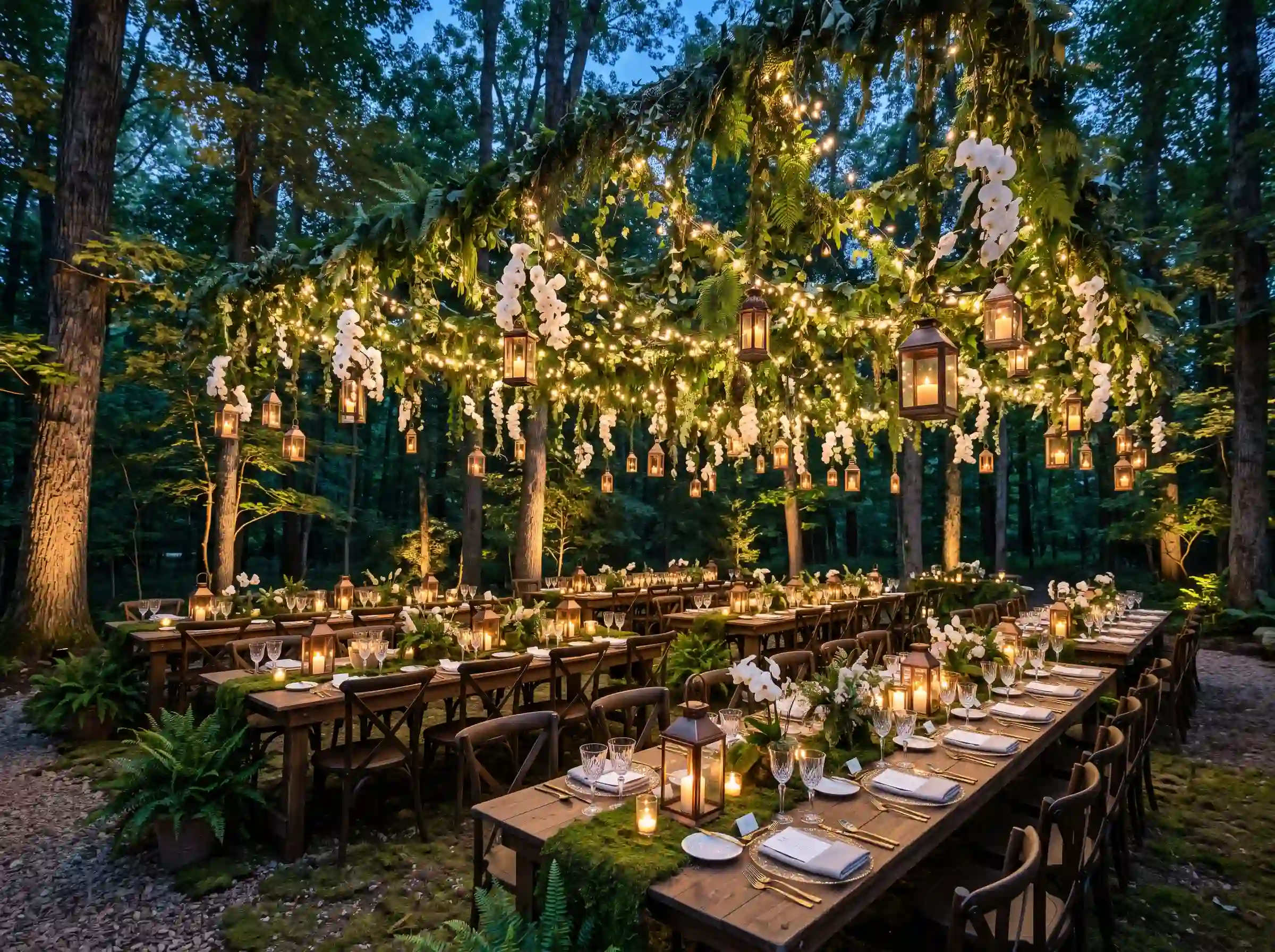 Enchanted woodland wedding canopy with lush greenery and fairy lights draped between ancient trees