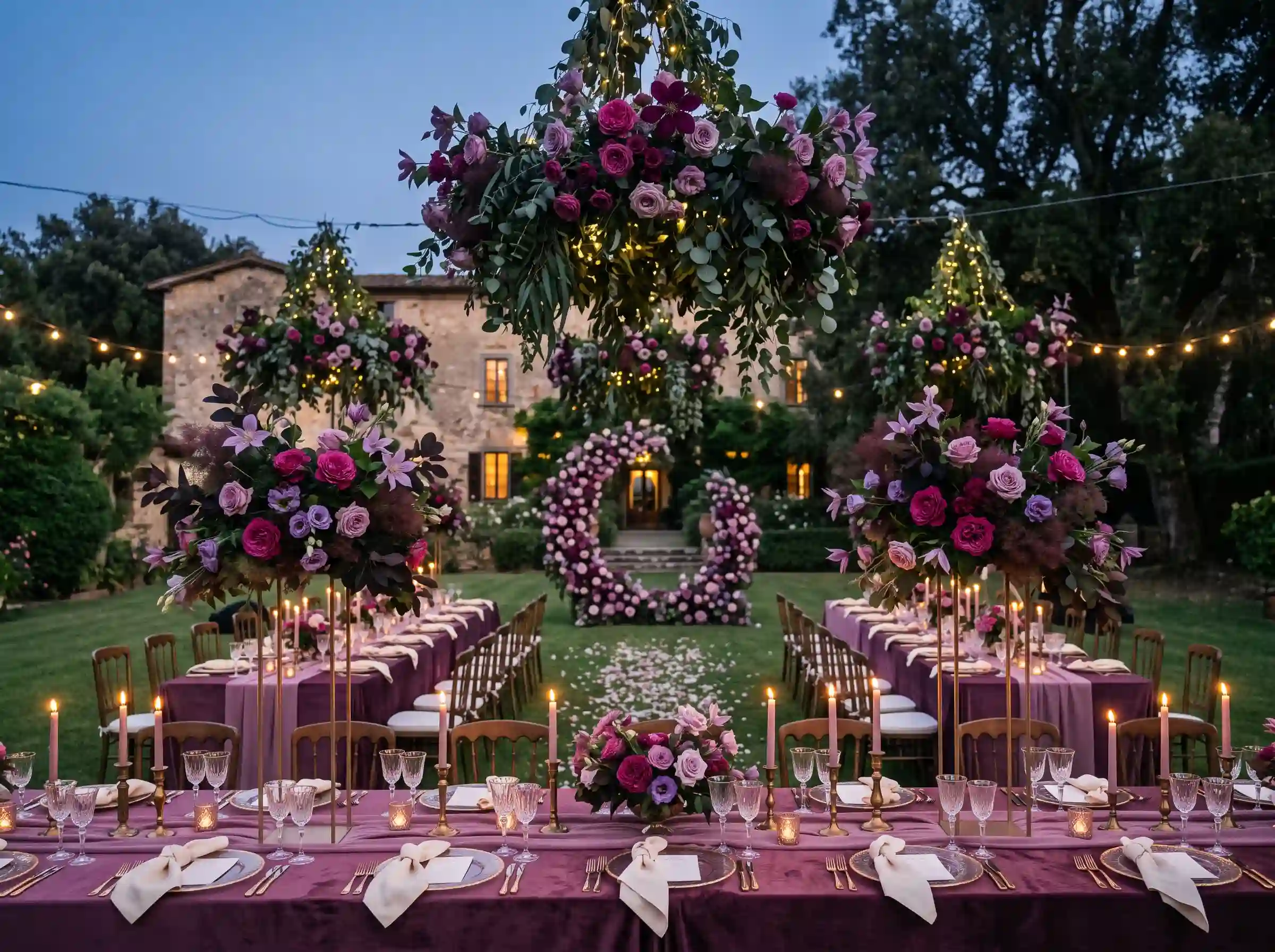 Romantic evening garden wedding with plum and mauve floral chandelier and candlelit tables