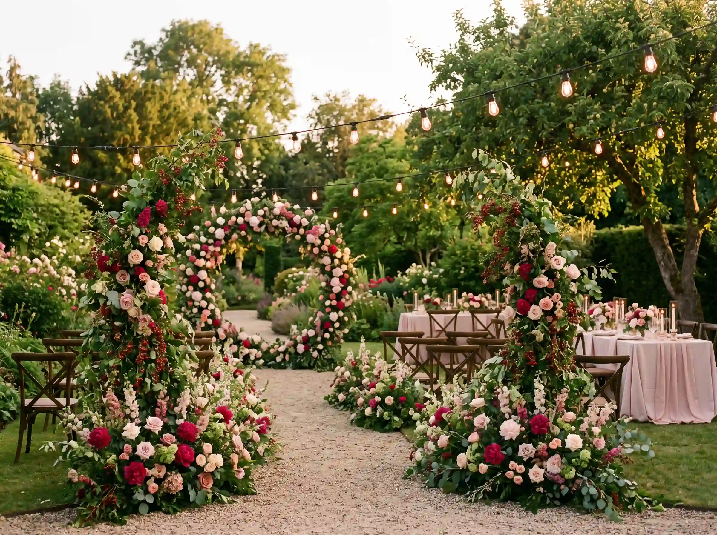 Romantic garden wedding with berry red and blush pink floral arch columns and string lights