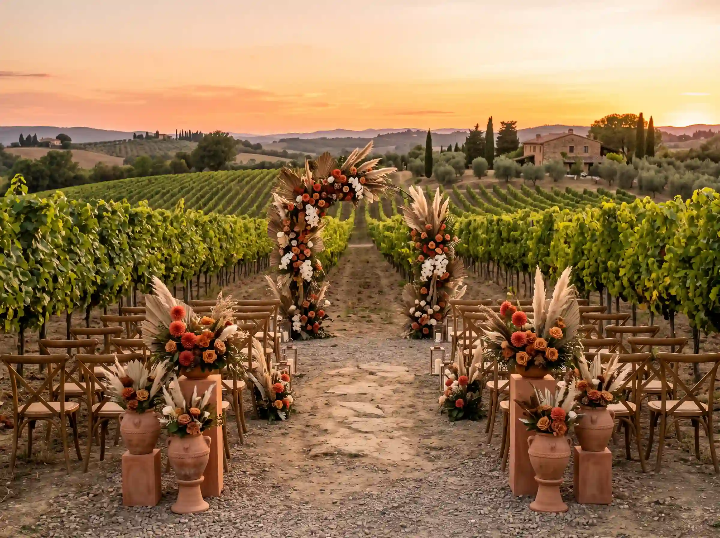 Vineyard wedding ceremony at sunset with terracotta urns and burnt orange floral arch