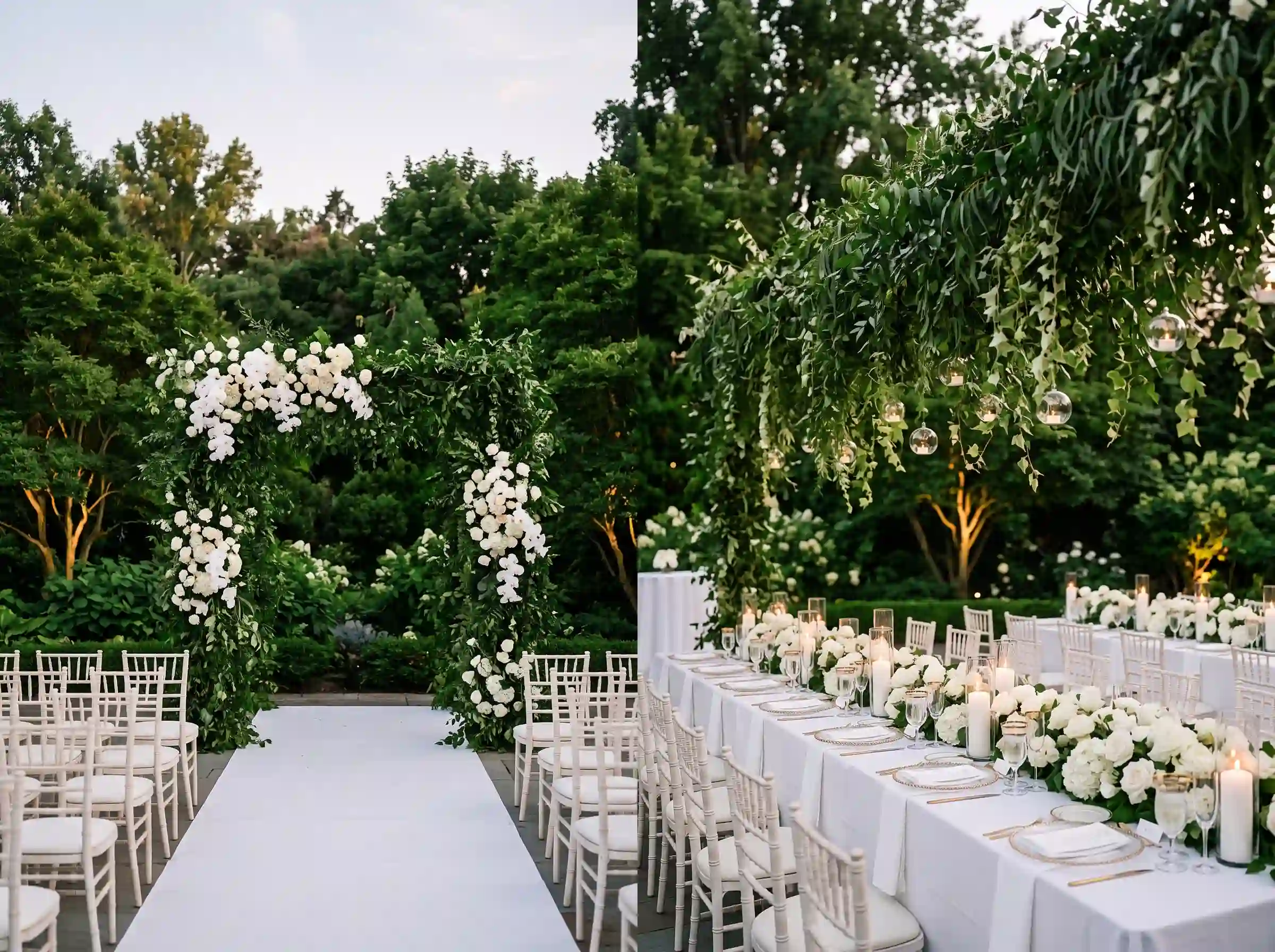 Luxury garden wedding with emerald greenery arch and all-white reception table in split view