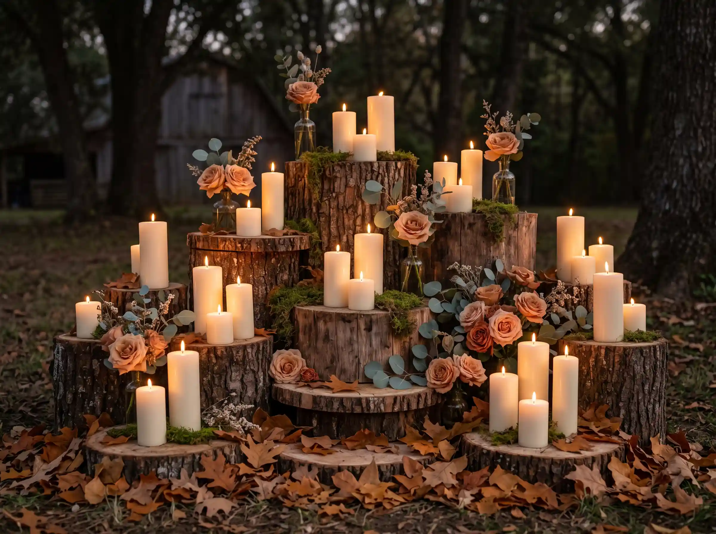 Tree stump candle display with white pillar candles blush roses and moss for fall wedding decor