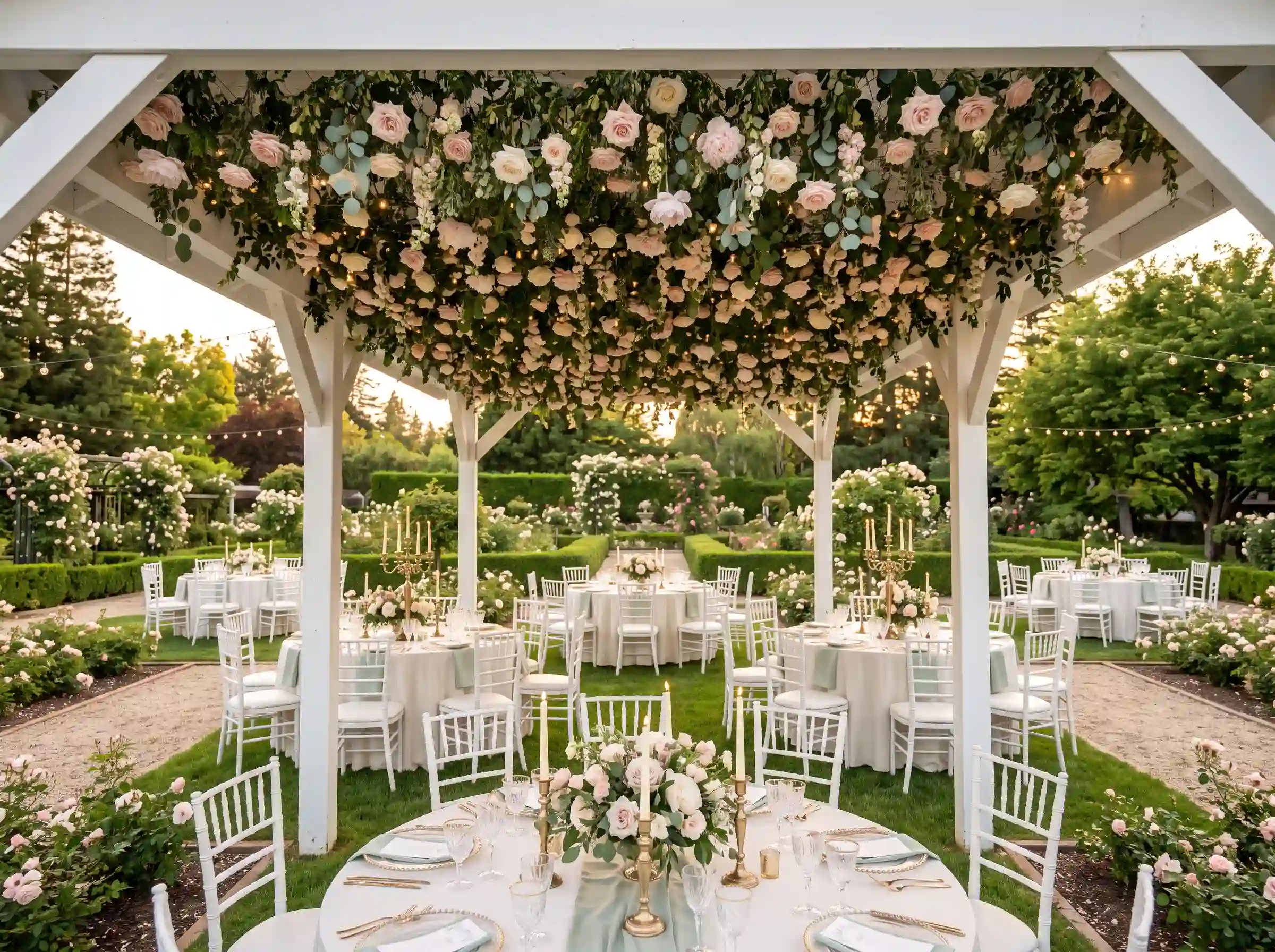 Romantic rose garden pavilion wedding reception with pink and blush roses cascading over an elegant canopy