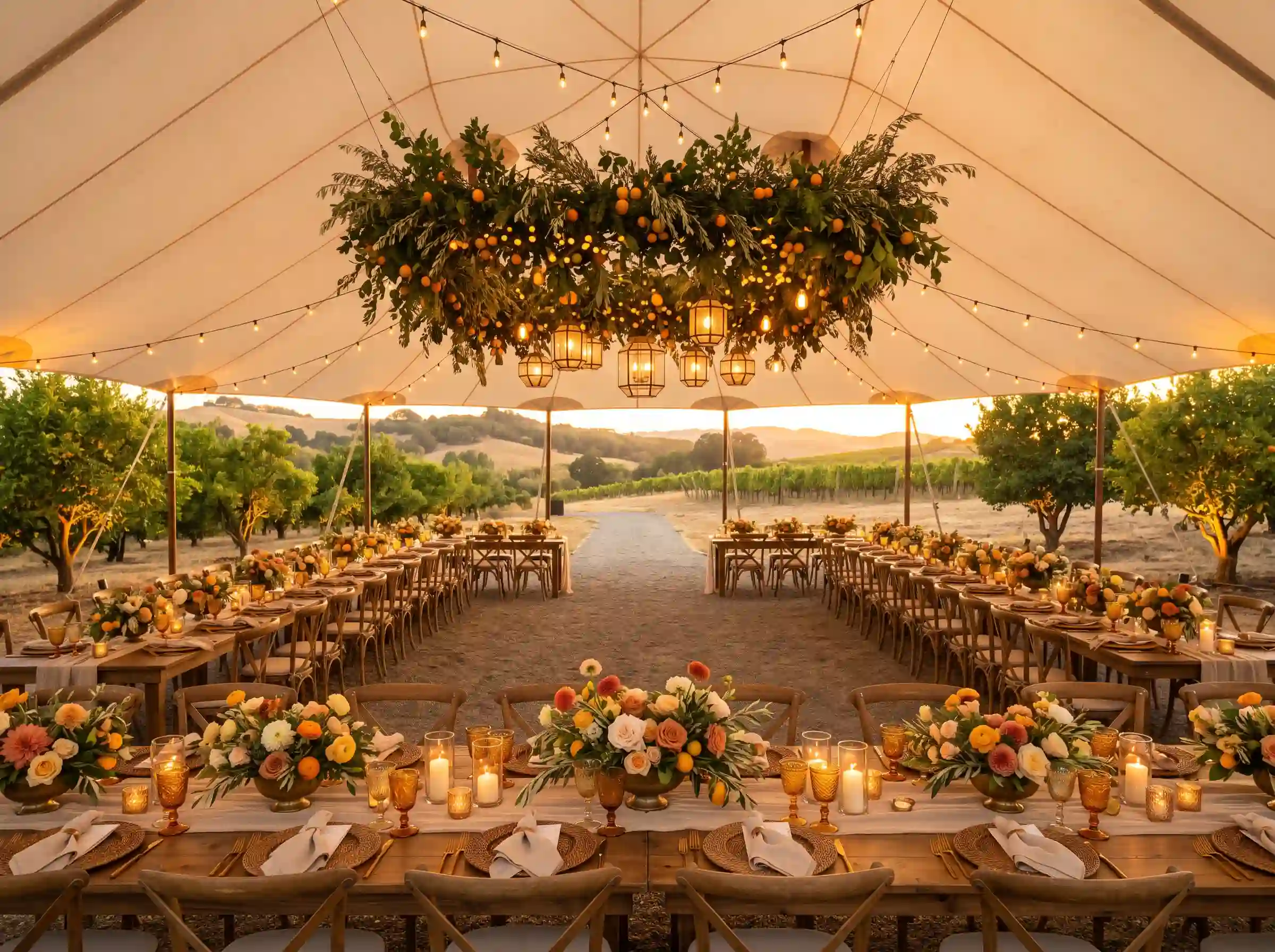 Amber orchard canopy reception with golden tones and citrus accents under a cream open-sided tent