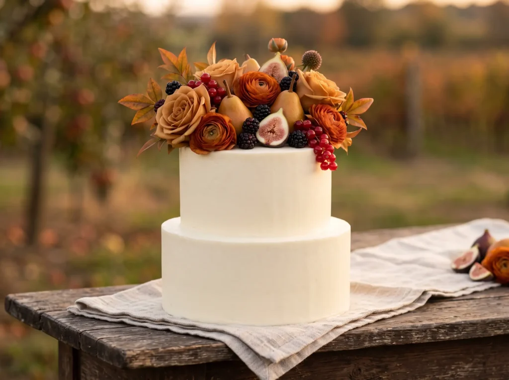 Autumn Harvest Romance Inspiration The abundance Cake with autumn harvest arrange…