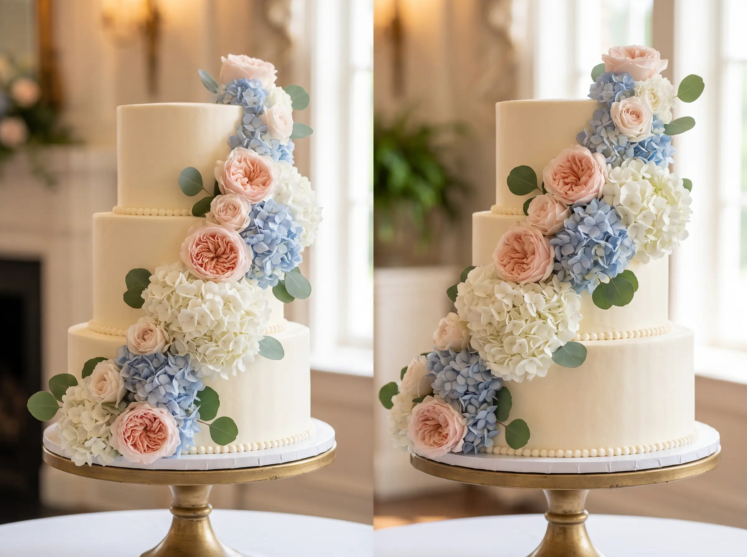 Romantic blush pink hydrangea garden cascade wedding cake with soft ombre frosting details