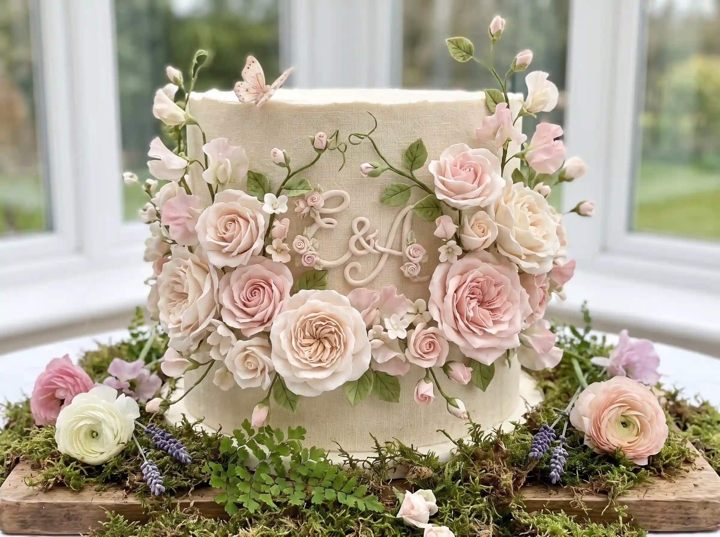 Single-tier ivory cake covered in blush sugar roses, sweet peas, and monogram with moss base