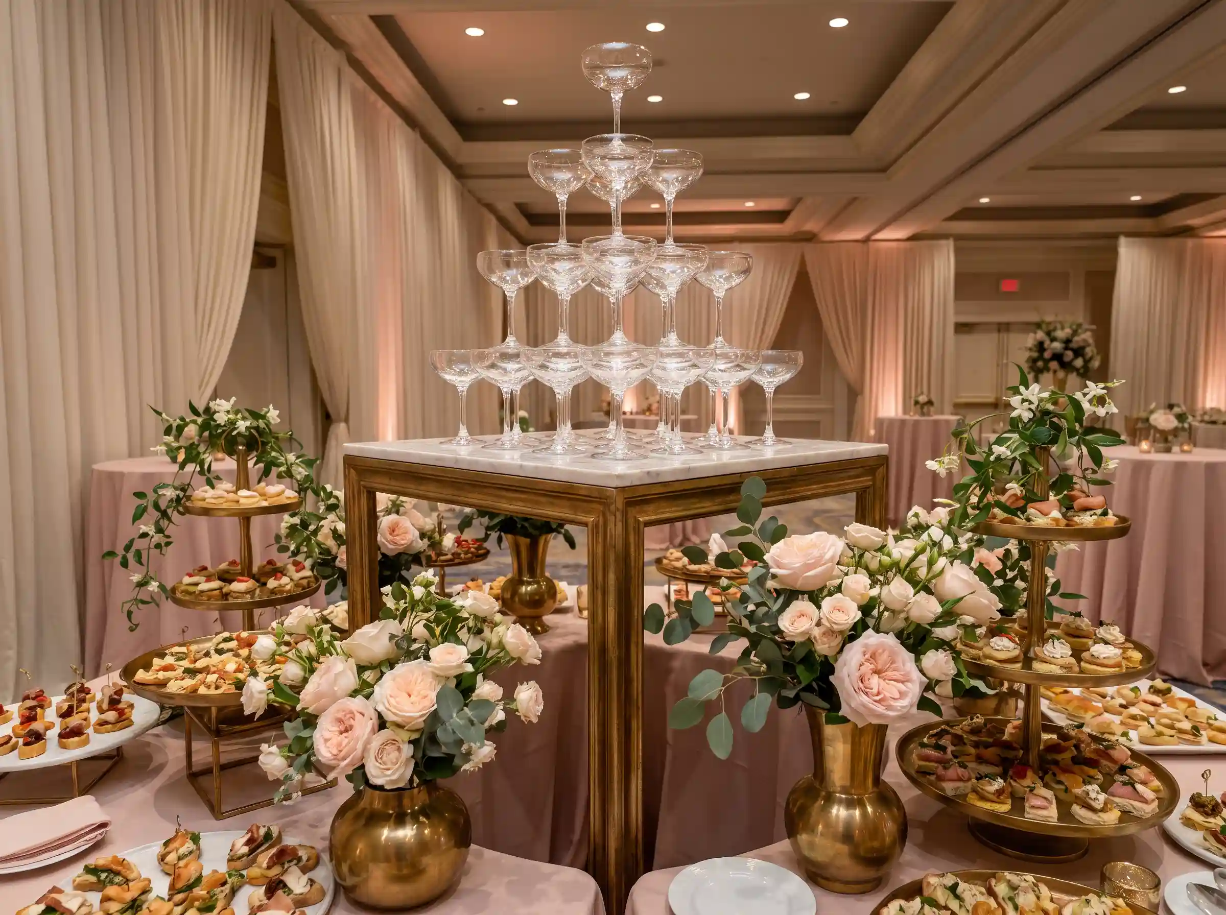 Crystal champagne tower on marble pedestal surrounded by canapé trays and blush rose accents