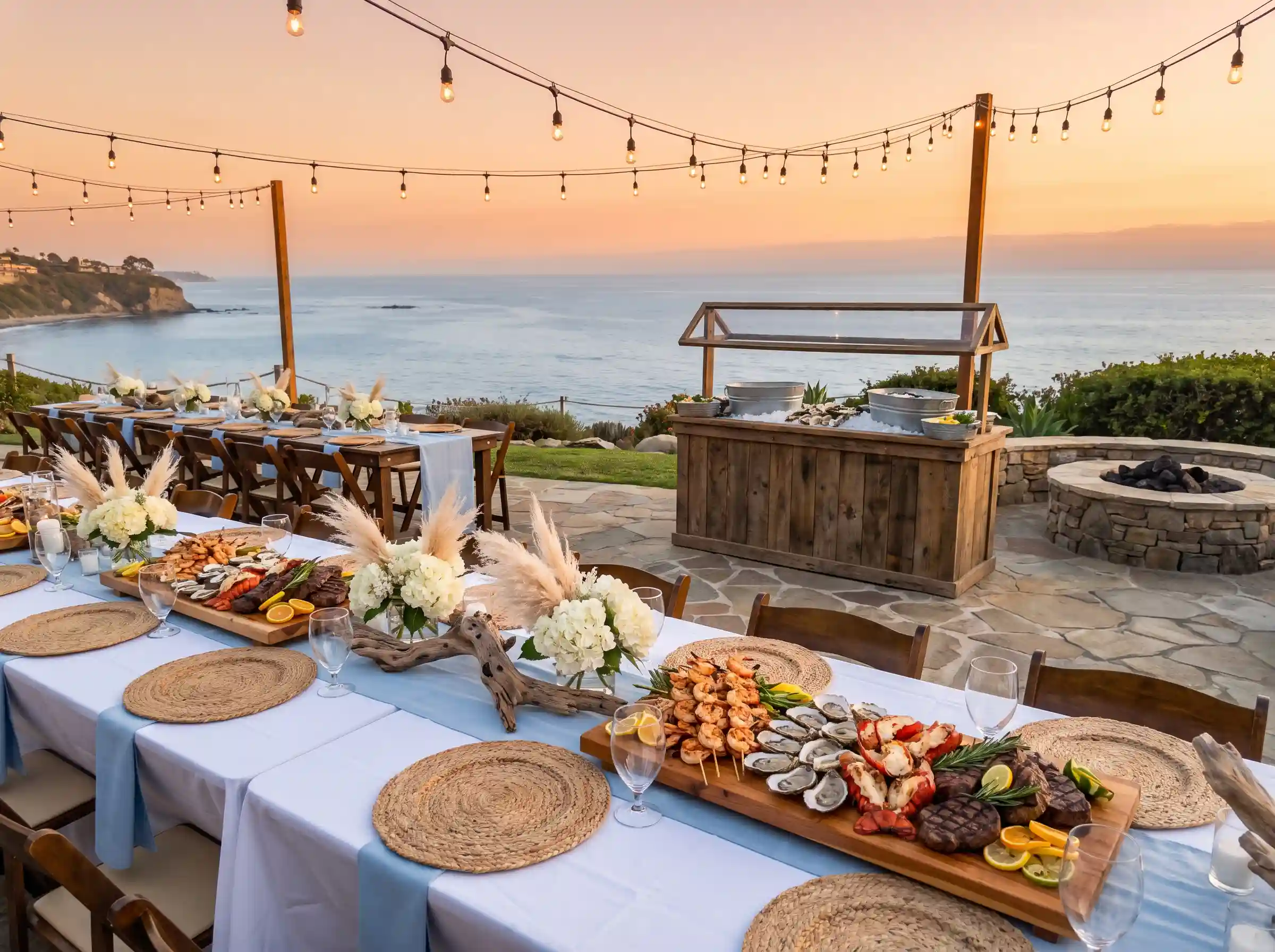 Sophisticated coastal wedding grill party with seafood grazing station and string lights at dusk
