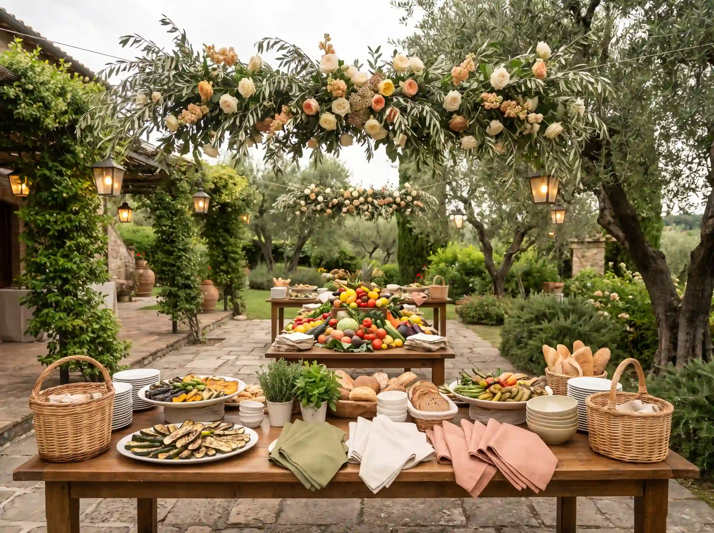 Farm-to-table garden harvest BBQ feast with grilled vegetables and warm lantern lighting