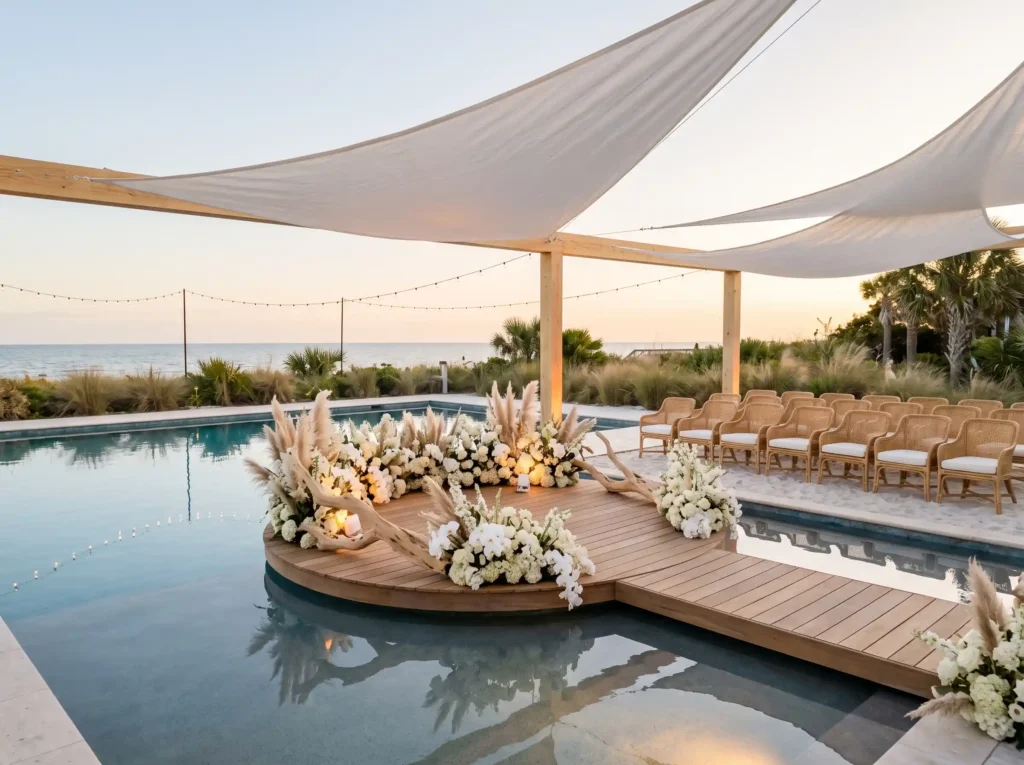 Coastal White Escape Inspiration A breezy poolsi Coastal wedding poolside celebra… K