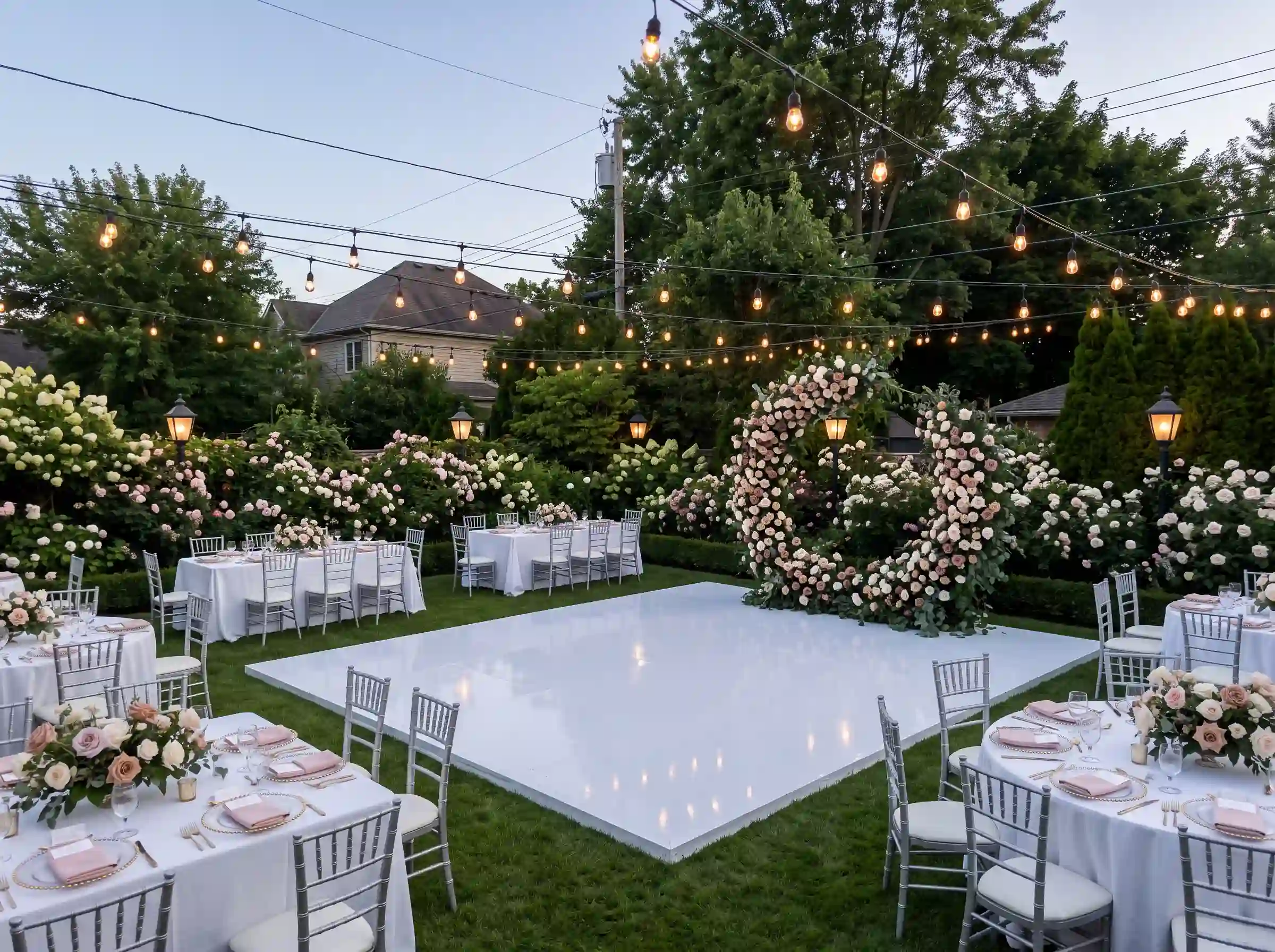 Glossy white dance floor on a garden lawn with floral crescent backdrop and perimeter dining tables