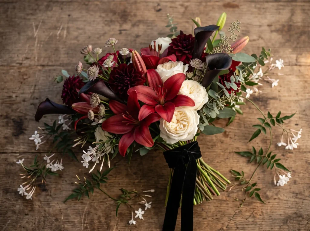 Crimson Velvet Bloom Inspiration Romantic yet da Crimson lilies garden bouquet K