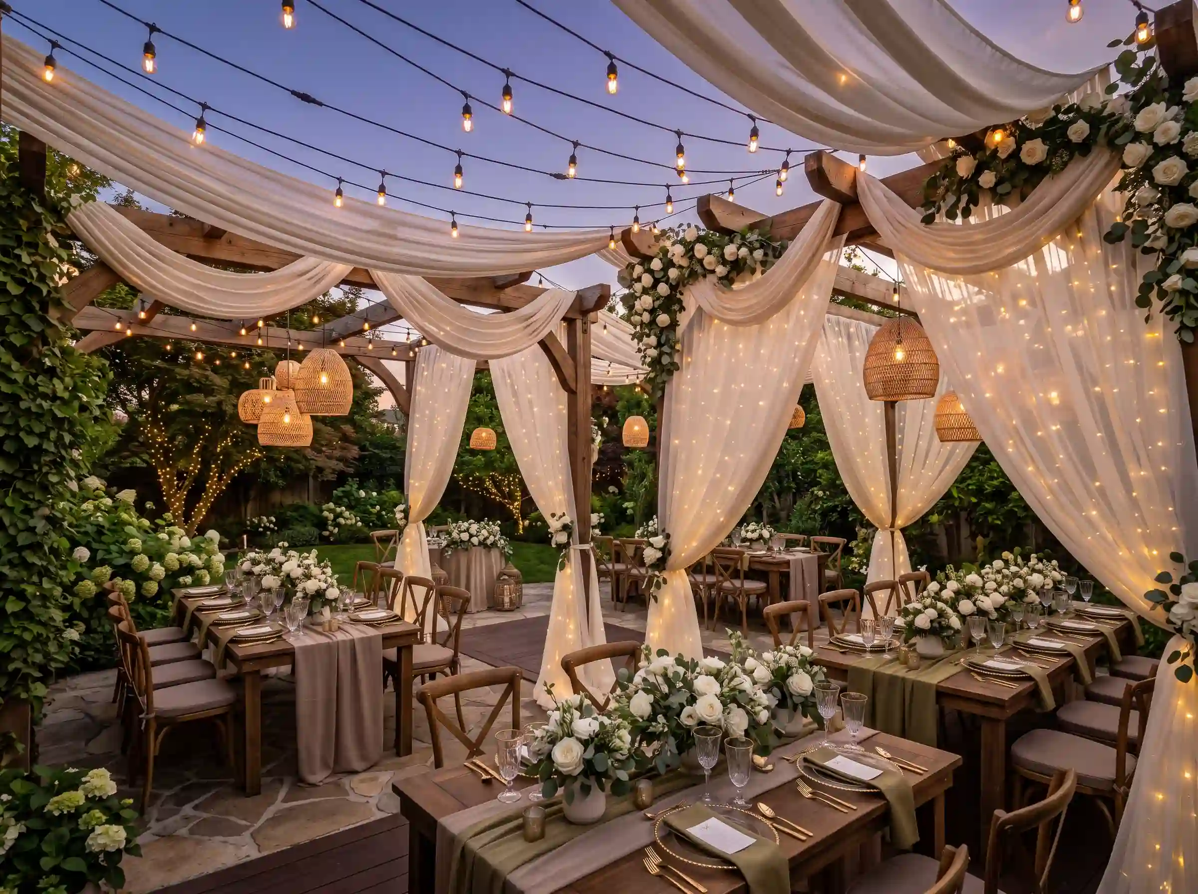Draped courtyard lounge with flowing white curtains and warm Edison bulb string lights overhead
