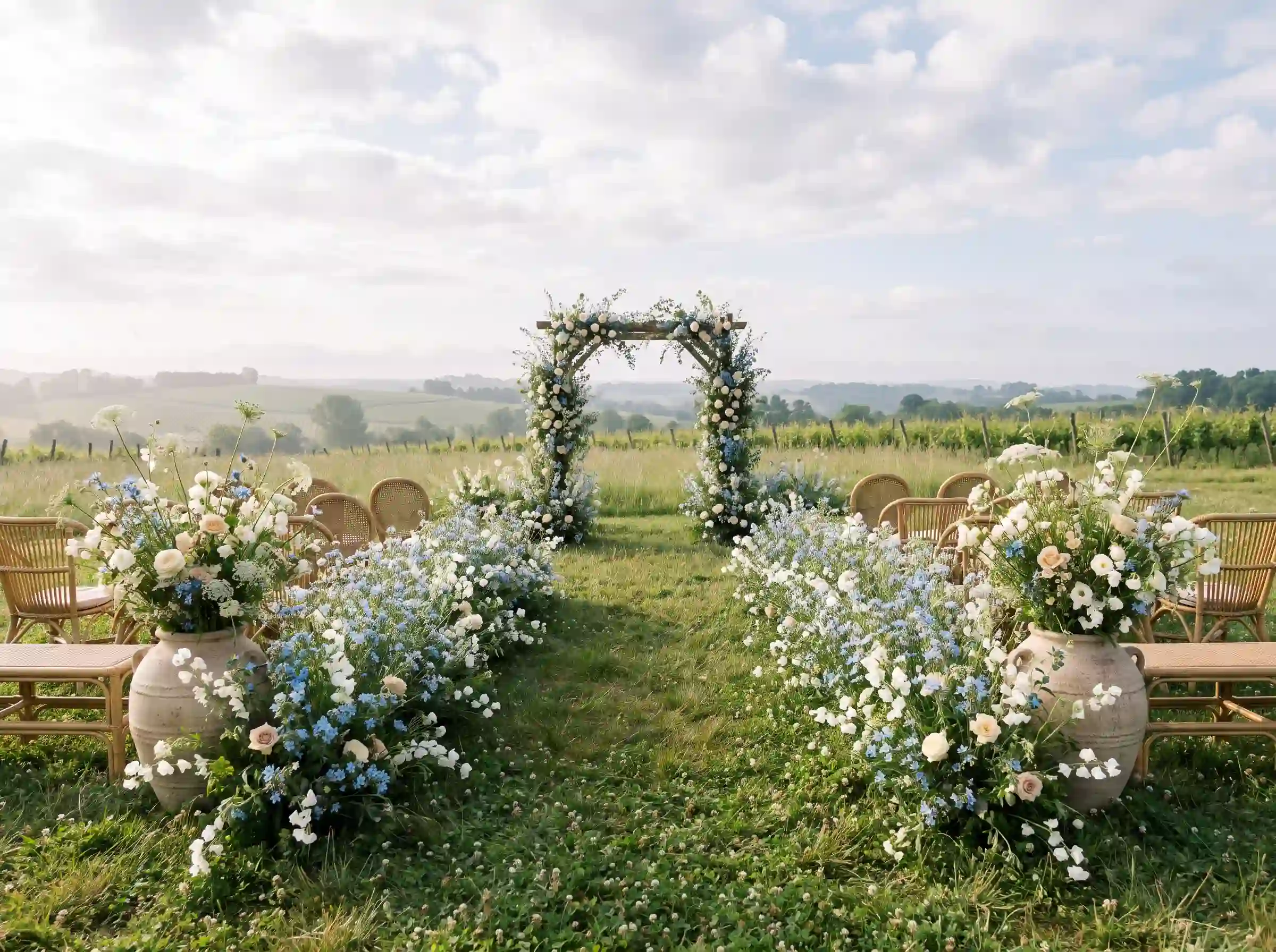 French blue tweedia garden ceremony with cream roses and Queen Anne's lace in a meadow-inspired floral border