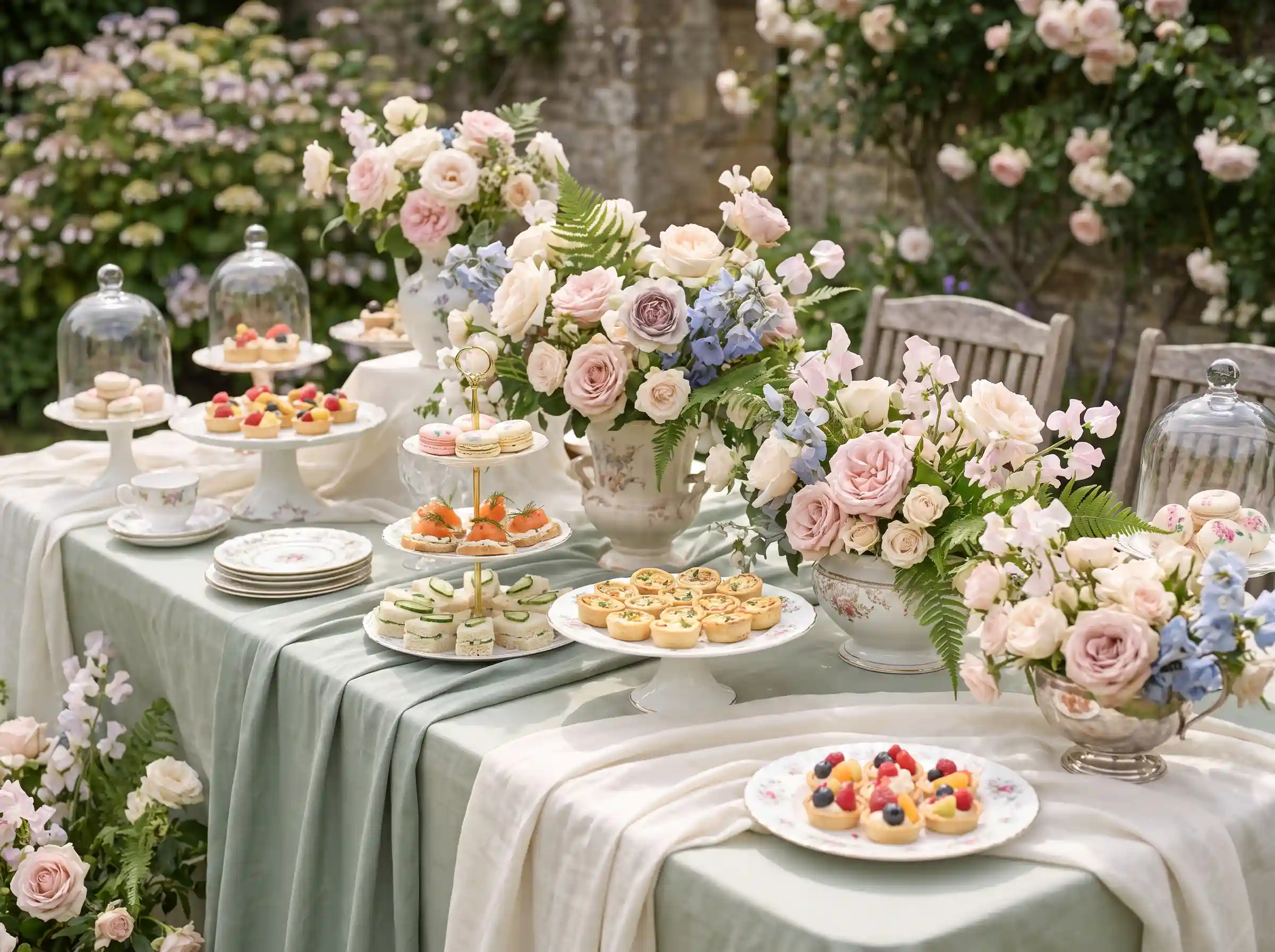 English garden tea party wedding buffet with vintage cake stands pastel canapés and garden roses