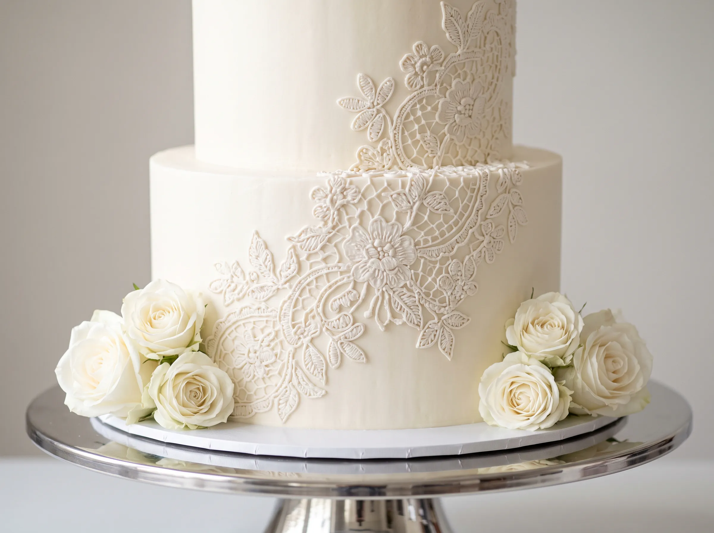 White two-tier wedding cake with intricate lace appliqué inspired by heirloom bridal gowns