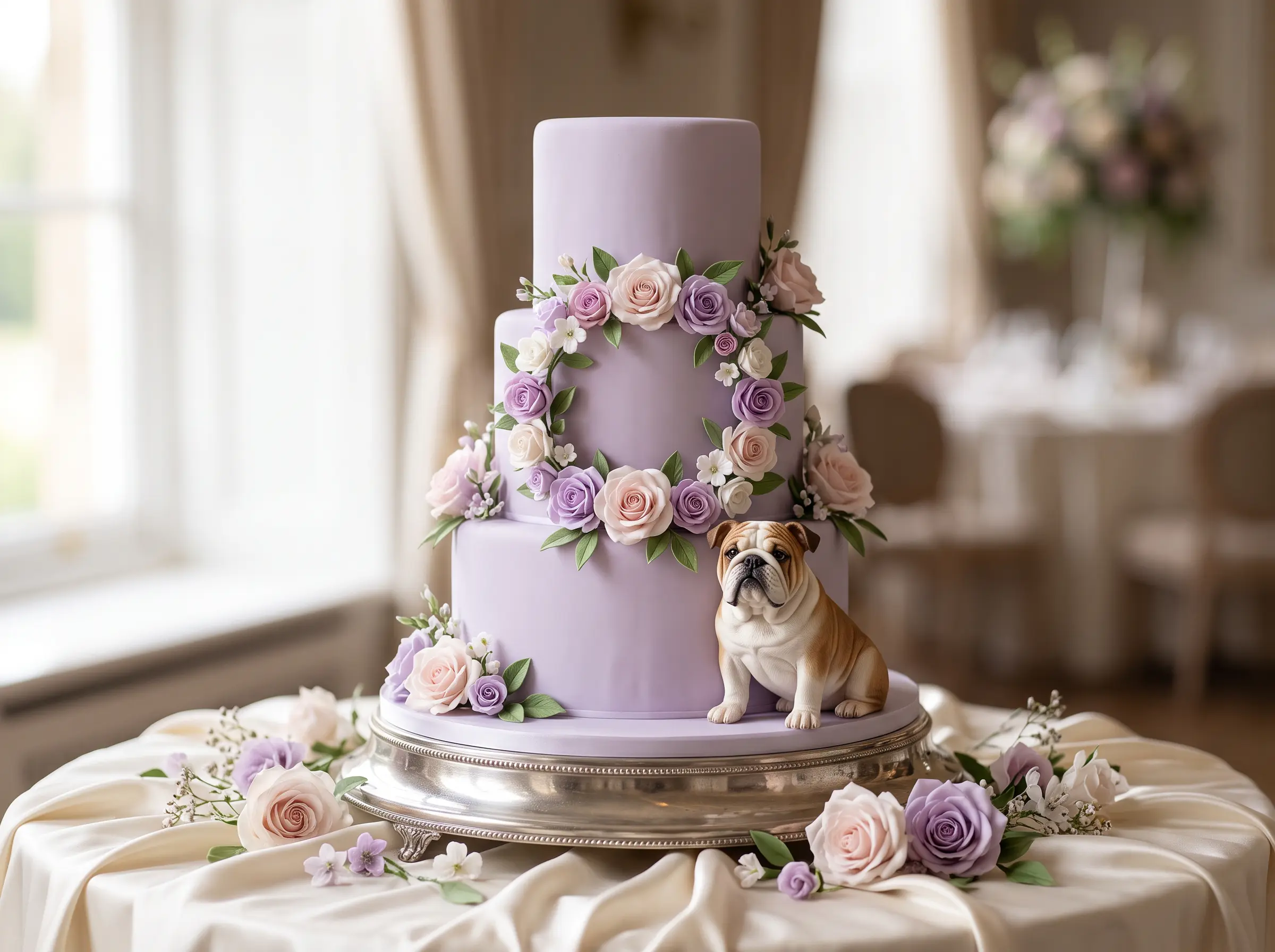 Lavender pastel wedding cake with bulldog figurine topper and elegant charm details