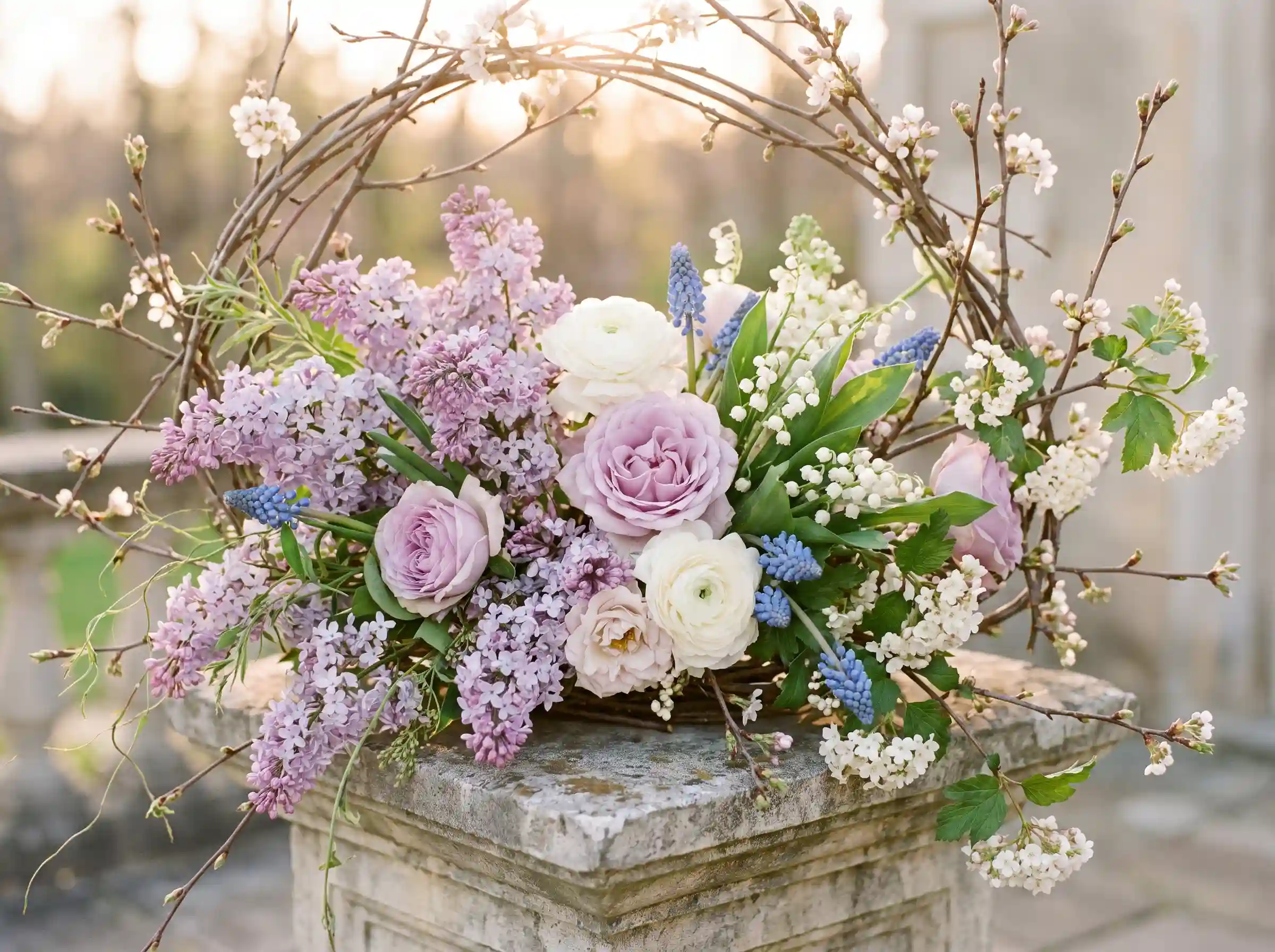 Lilac estate elegance spring wedding flowers with lavender lilacs ivory roses and blue muscari