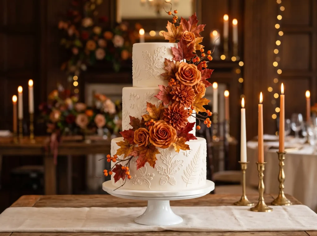 Maple Blossom Romance Inspiration A graceful cel Wedding cake with botanical embr… ()