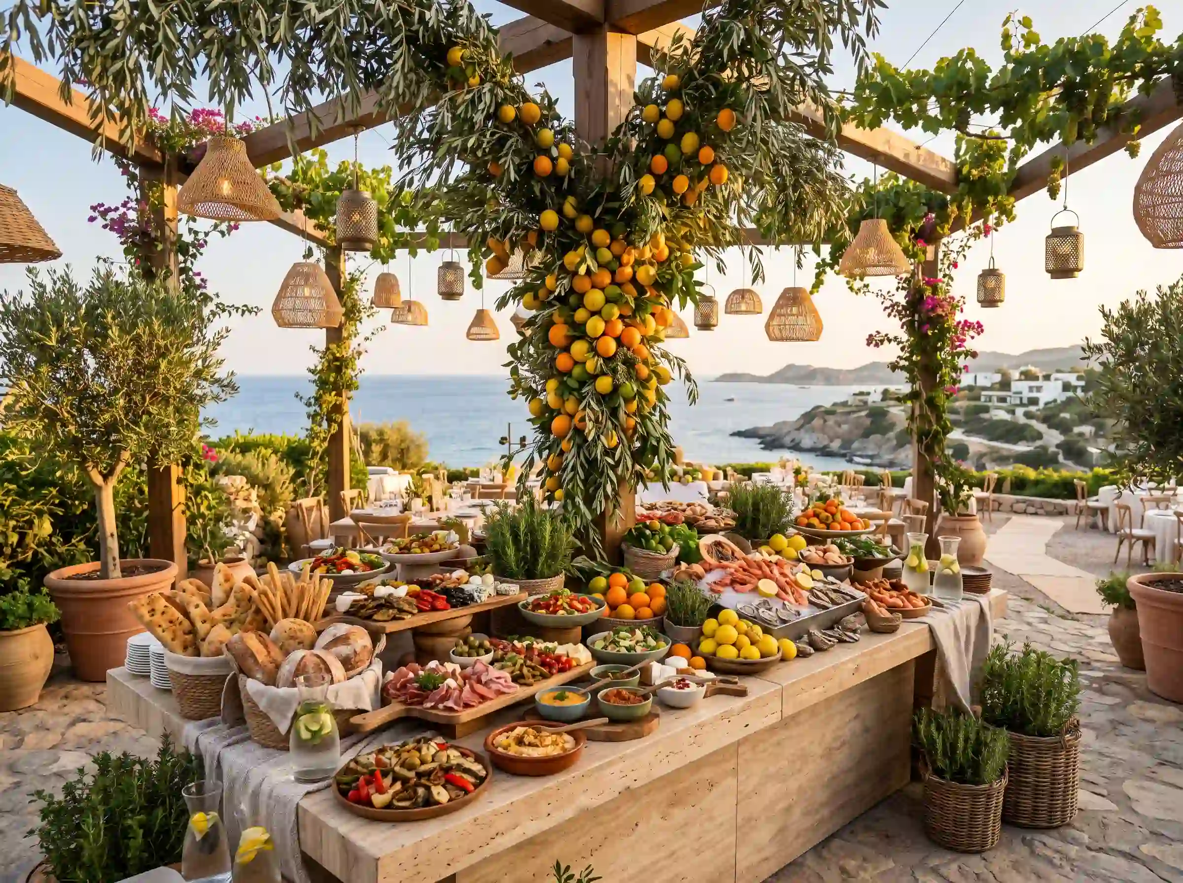 Sun-drenched Mediterranean wedding food display with citrus garland, grazing platters, and sea view under a wooden pergola