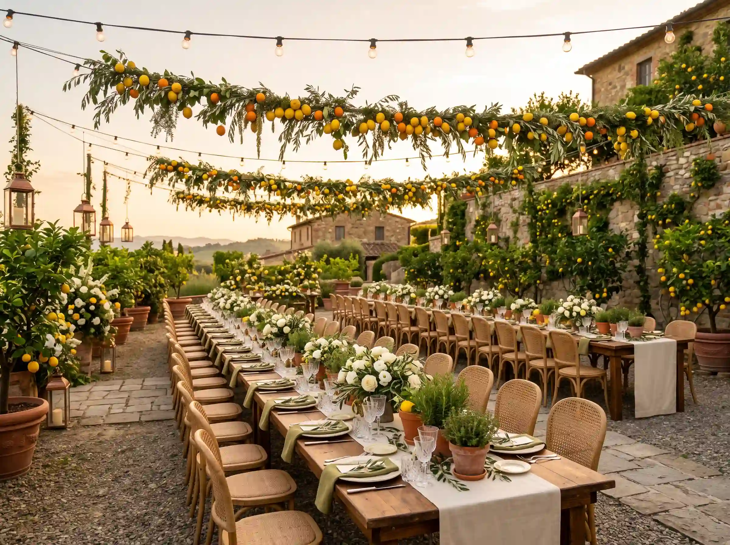Mediterranean lemon orchard wedding feast with bright yellow citrus accents and rustic wooden tables outdoors