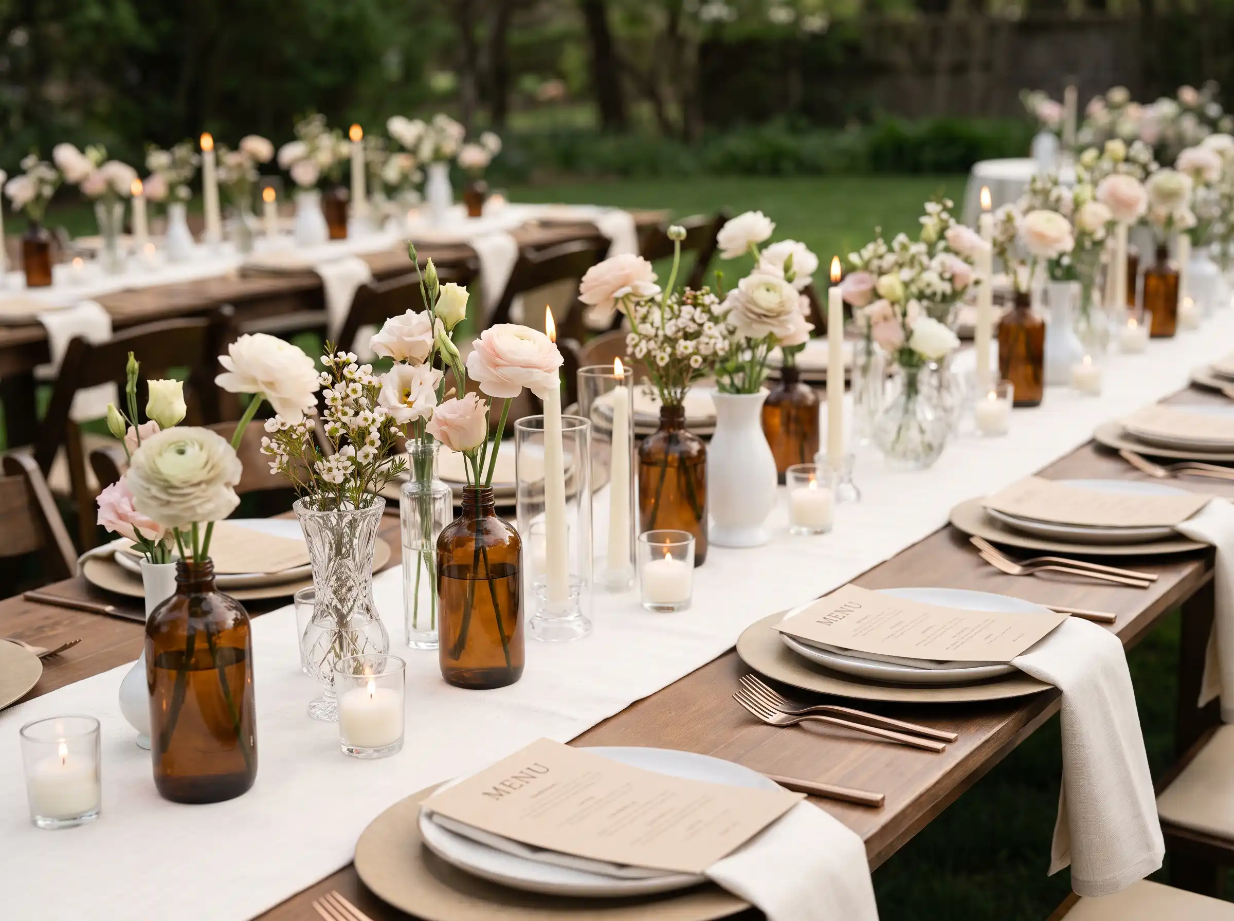 Mismatched bud vases in amber glass and crystal clustered on farm table with ranunculus and taper candles