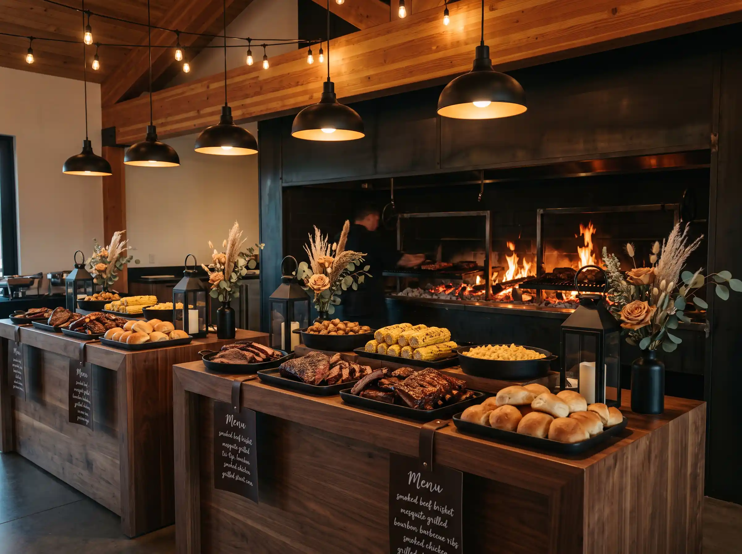 Modern ranch wedding grill feast with matte black stoneware and live mesquite fire behind buffet