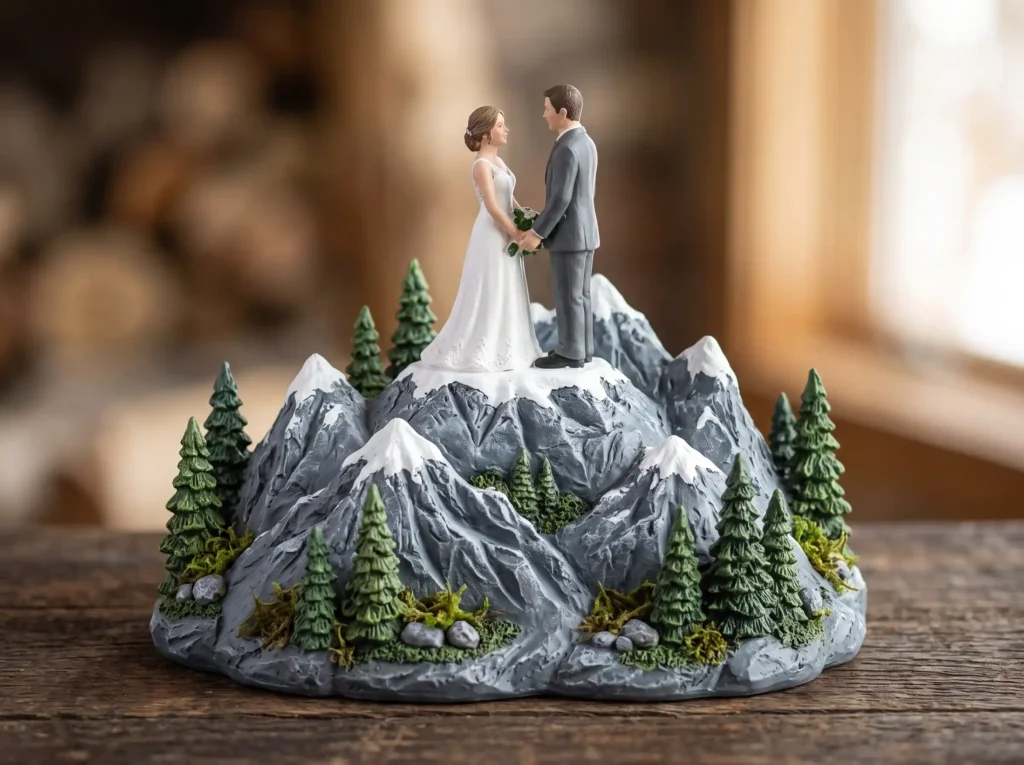 Mountain Summit Promise Inspiration Celebrating Couple atop mountain peaks K