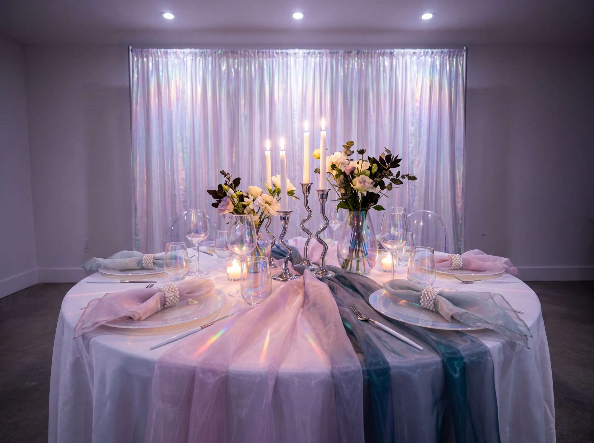 Dreamy opalescent wedding table setting with iridescent glassware and soft pastel florals